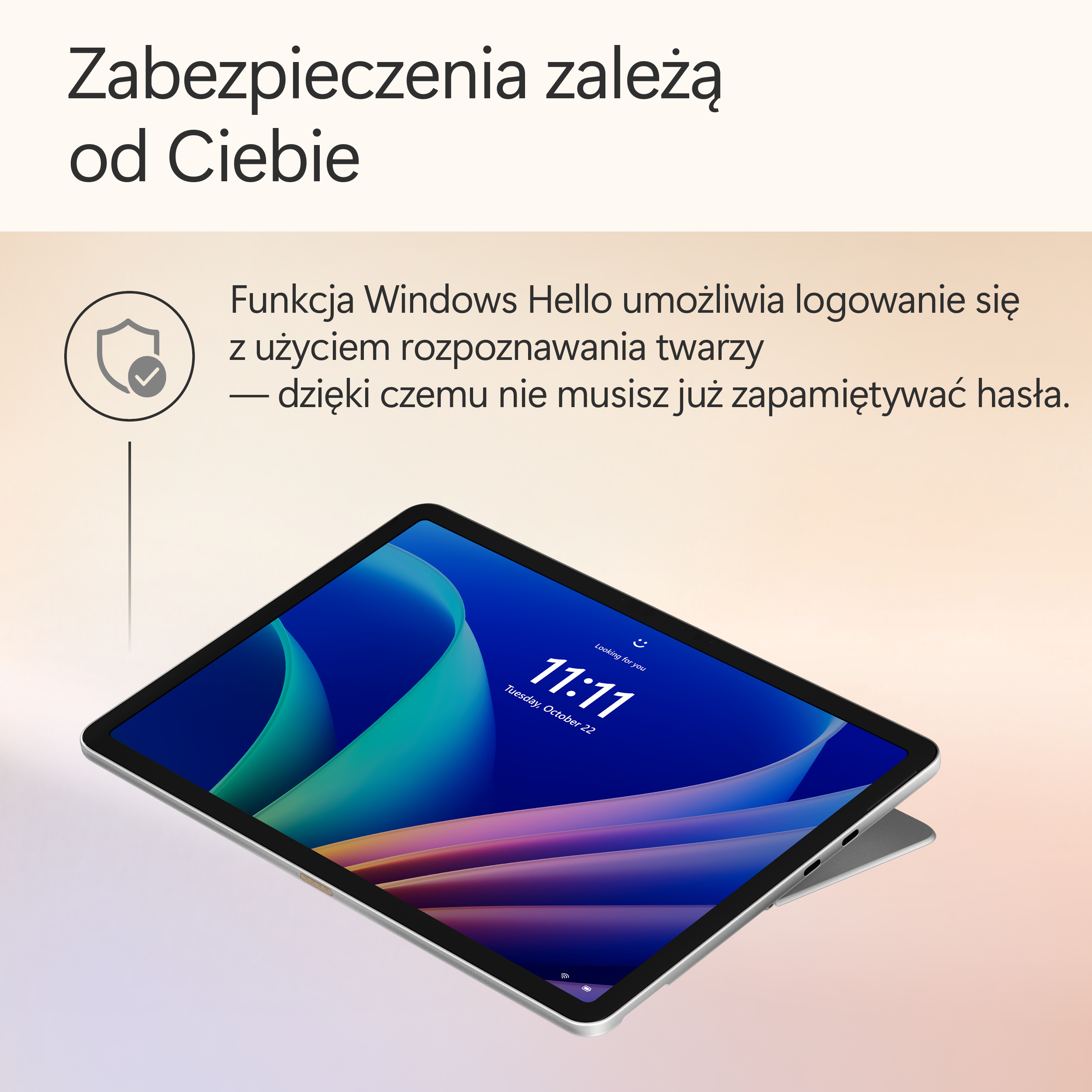Tablet wyświetla ekran blokady z godziną. Tekst wspomina Windows Hello do rozpoznawania twarzy i logowania bez hasła.