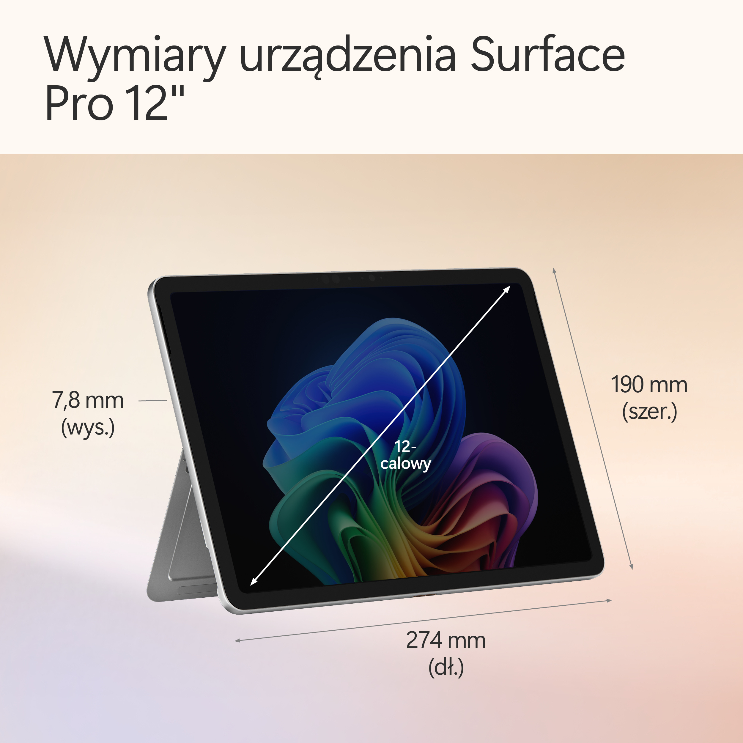 Schemat tabletu z wymiarami w milimetrach, pokazujący ekran i podstawkę.