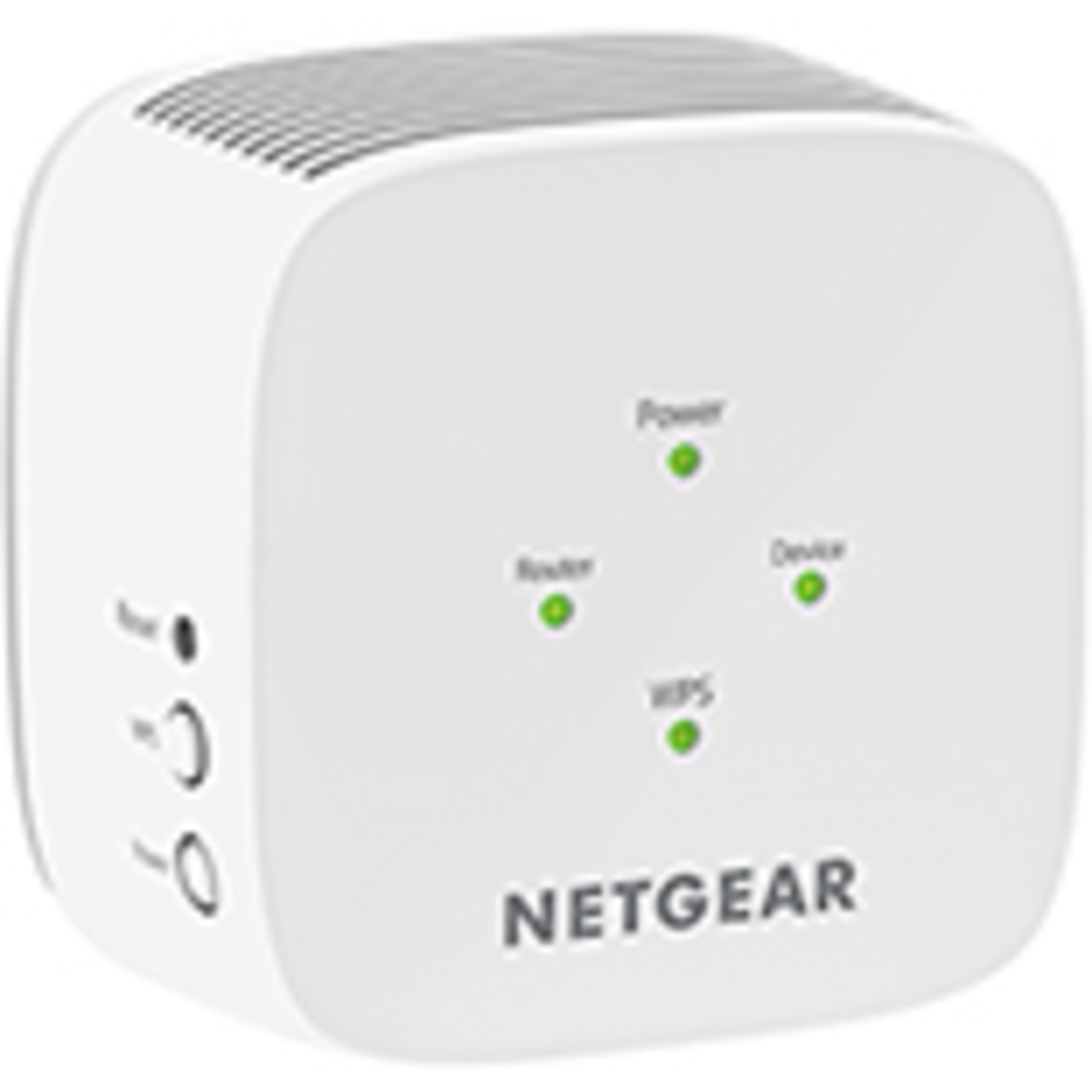 Un extenseur WiFi NETGEAR blanc branché sur une prise murale, avec des voyants.