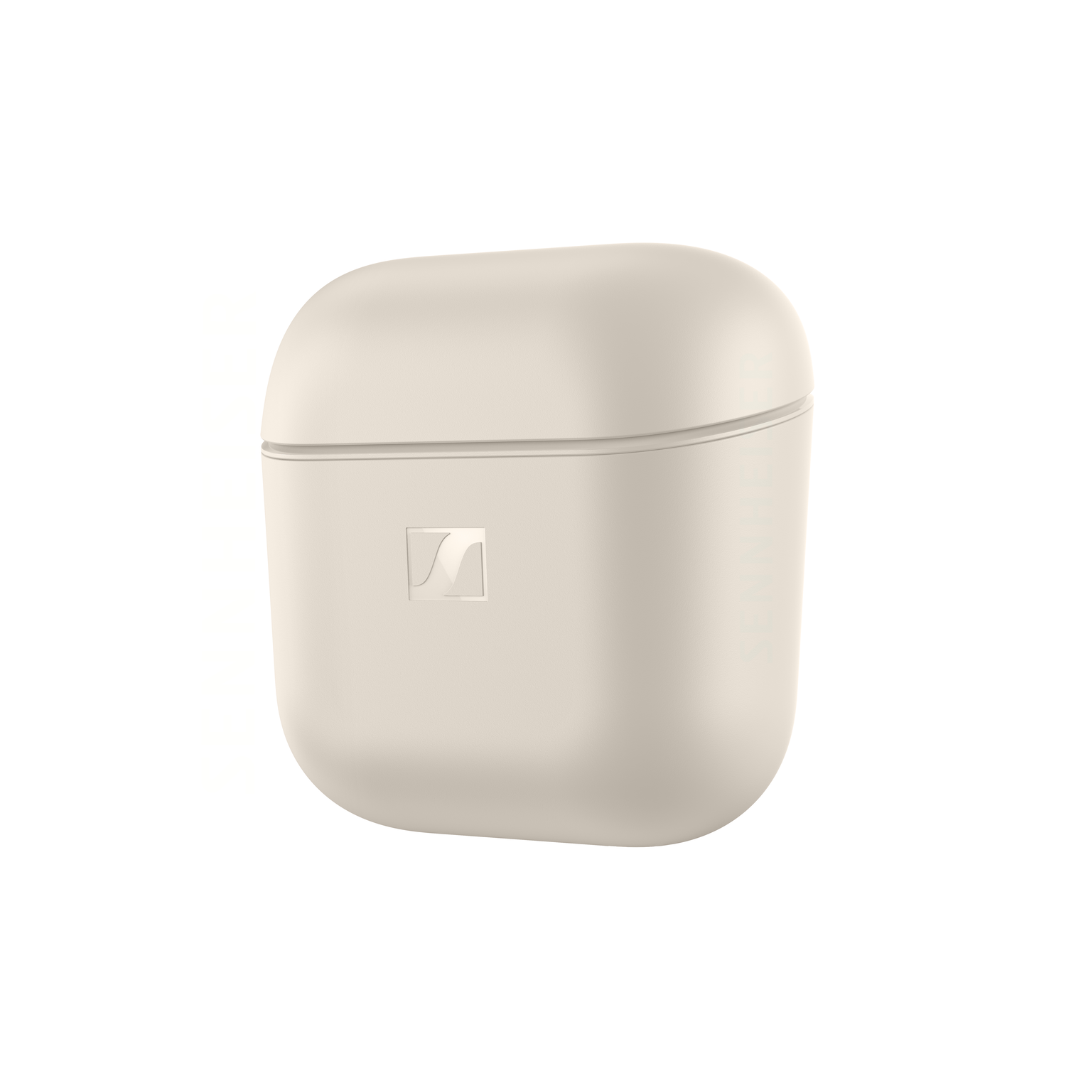 Gesloten beige oplaadcase voor oordopjes met een Sennheiser-logo.