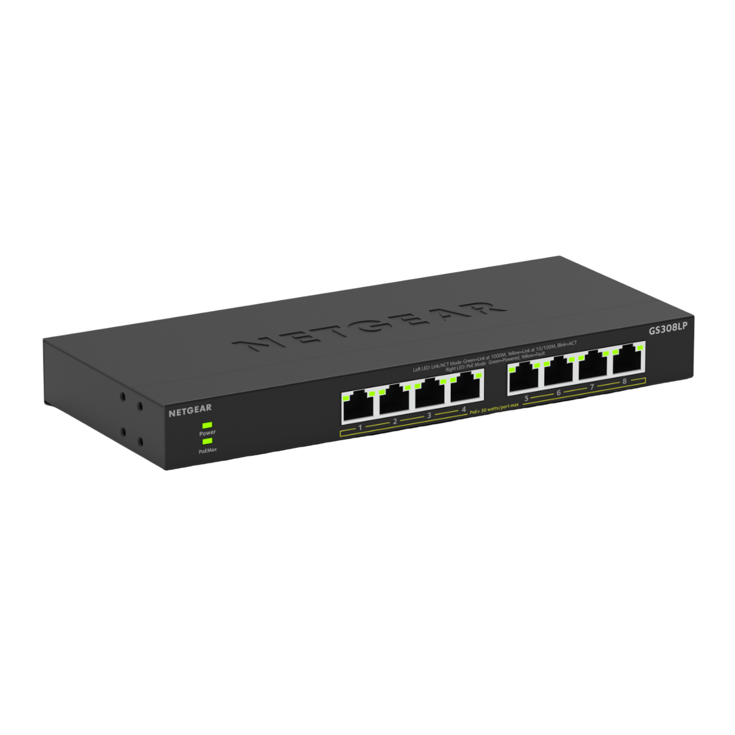 Commutateur réseau noir avec 8 ports, marque NETGEAR. Voyants d'alimentation et PoE Max allumés.