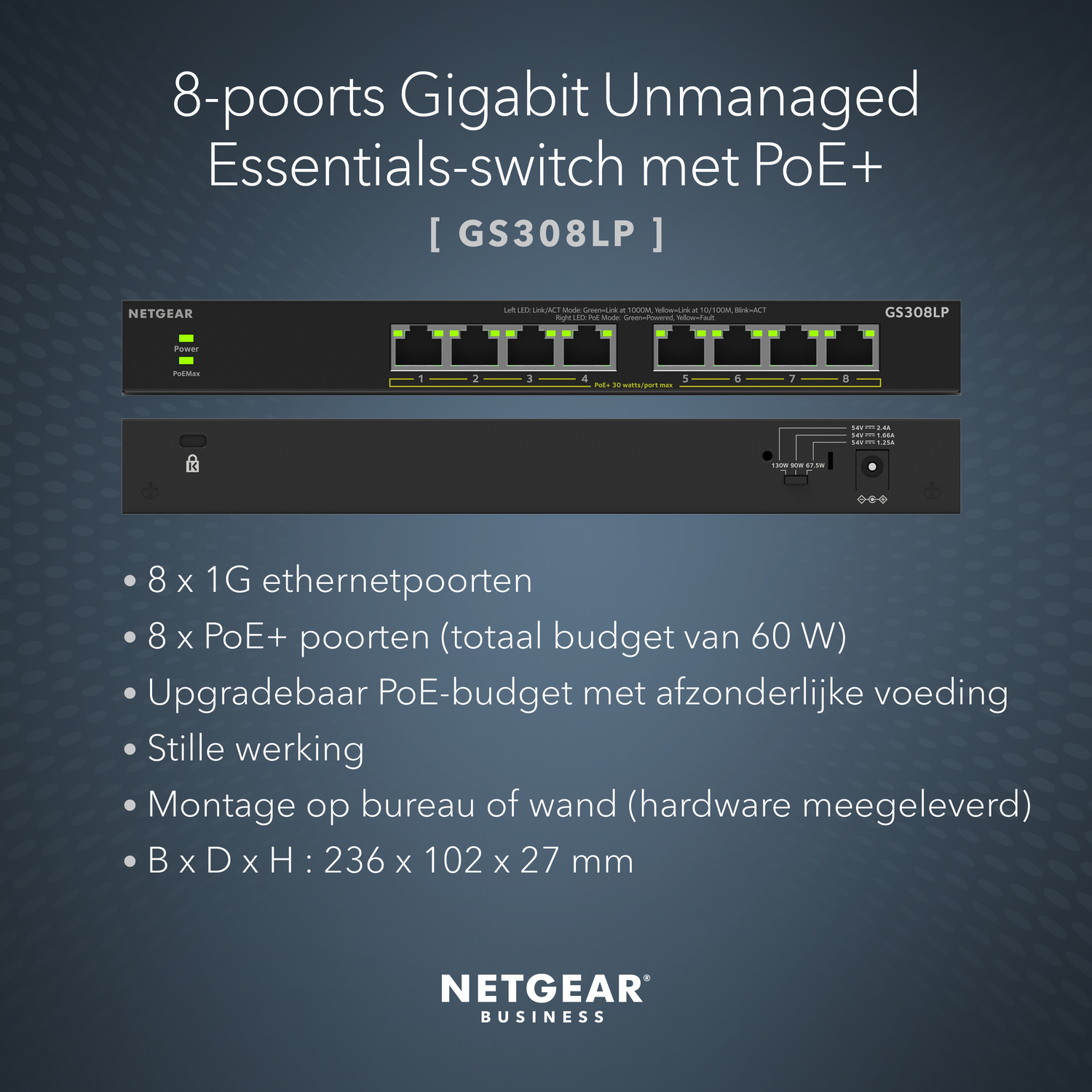NETGEAR 8-port Gigabit Unmanaged Essentials-switch with PoE+. Text and diagram show features.