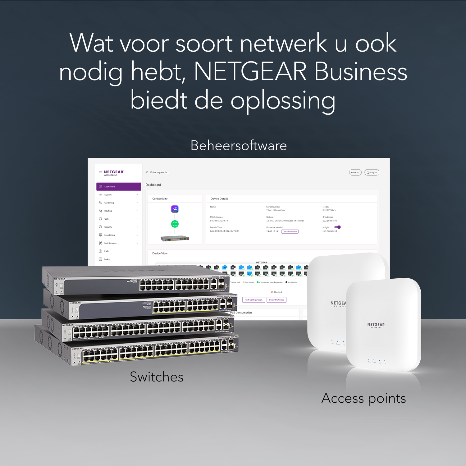 Image with switches, access points, and a software interface. Switches are in the foreground, access points on the right.