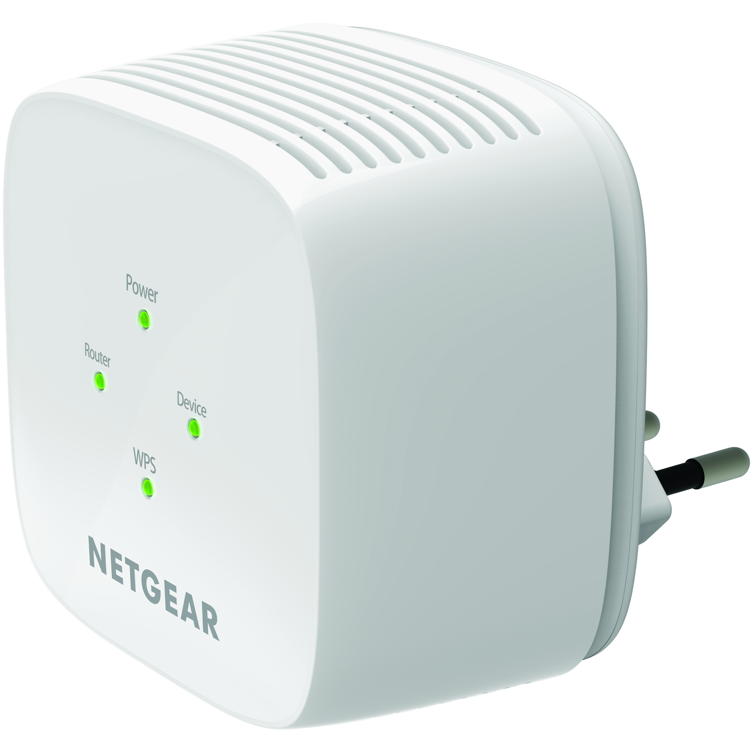 Appareil Netgear blanc avec voyants d'alimentation, de routeur, d'appareil et WPS. Il se branche sur une prise murale.