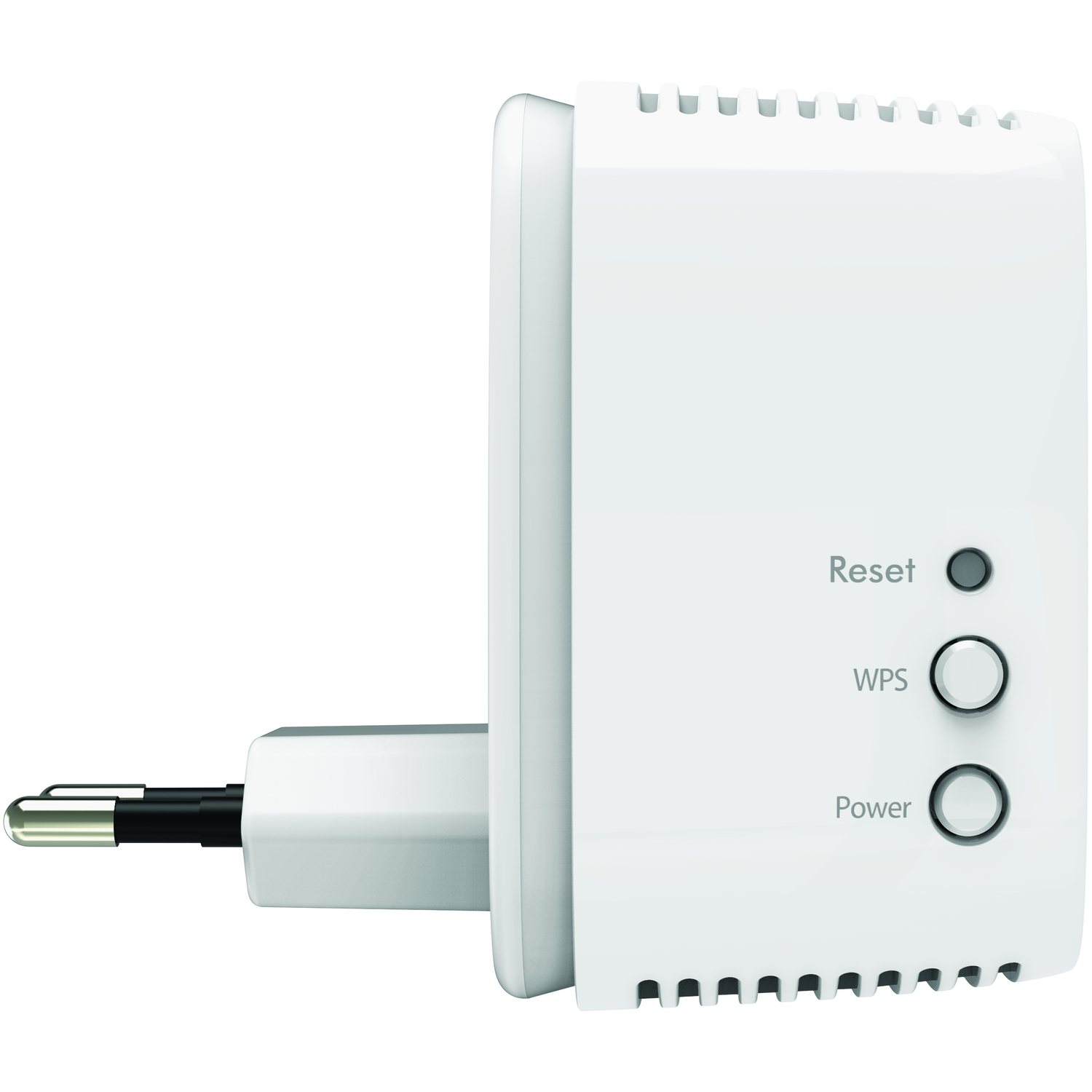 Un appareil Netgear blanc avec un bouton de réinitialisation, un bouton WPS et un bouton d'alimentation. L'appareil se branche au mur.