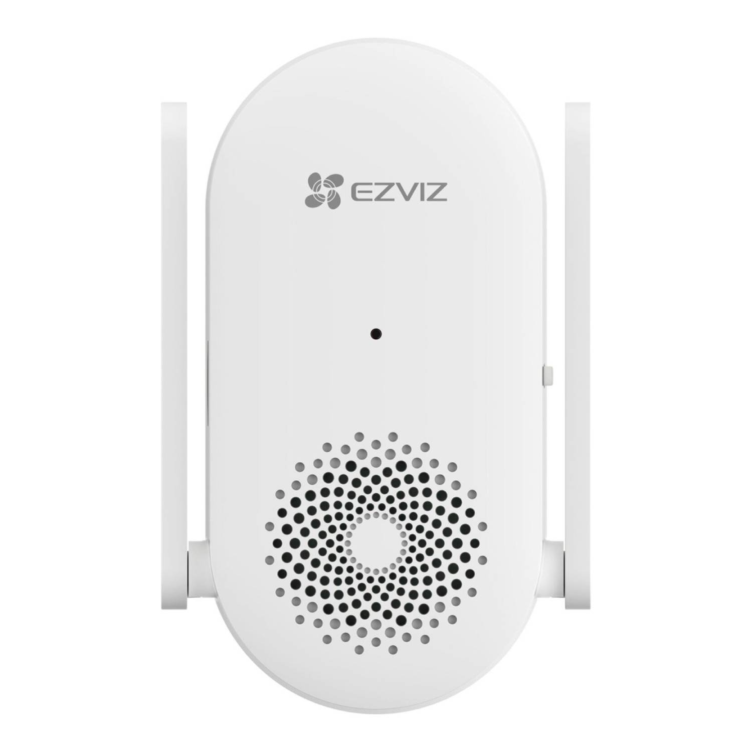 Un prolongateur sans fil blanc avec des antennes et une grille de haut-parleur, le logo EZVIZ est dessus.