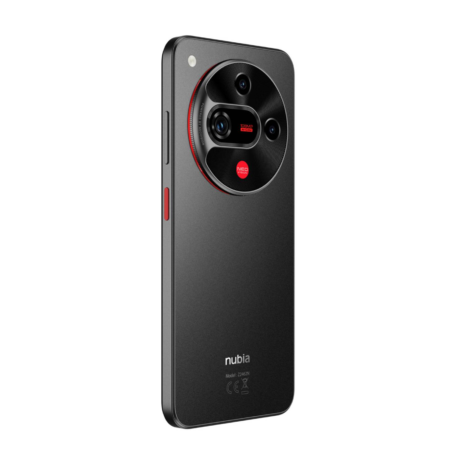 The back of a black smartphone with multiple cameras and a red lens. The brand name is nubia.