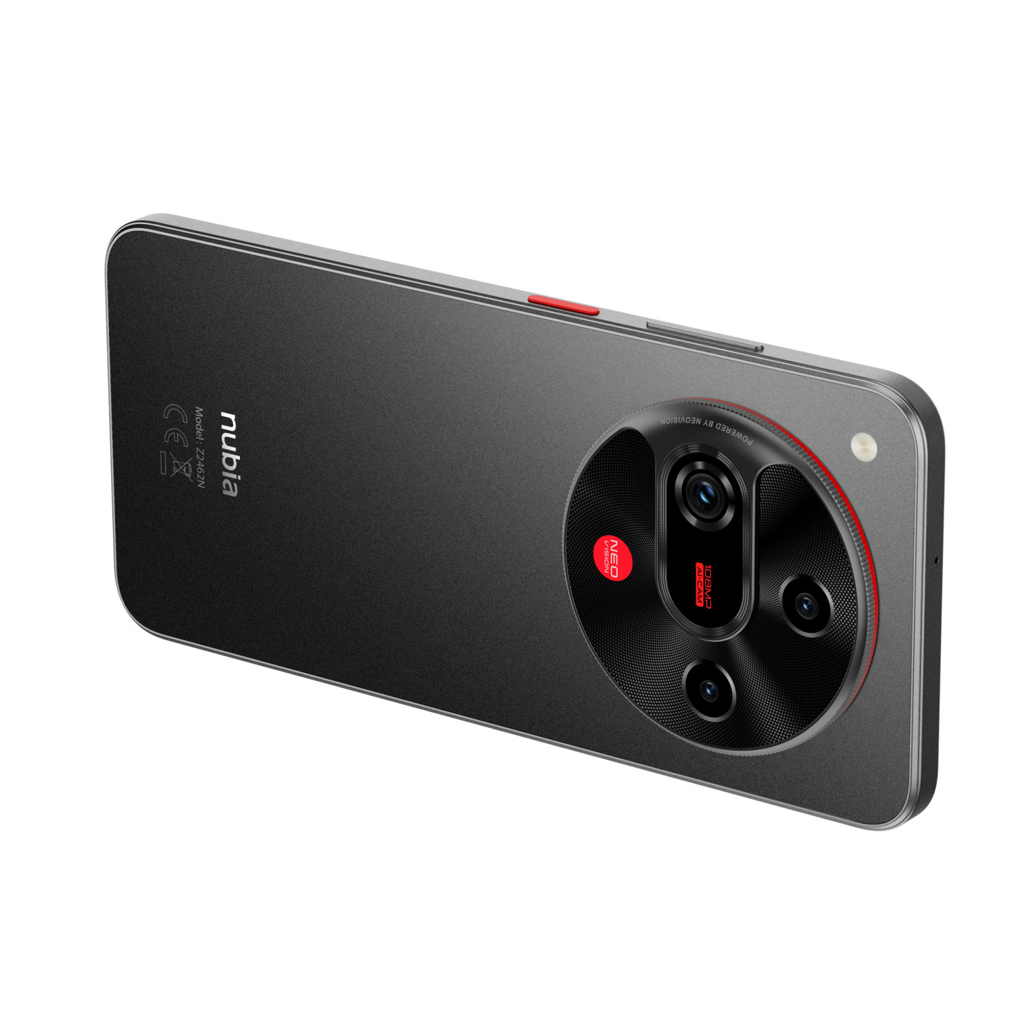 A black smartphone is angled, showing the back with multiple cameras and a red lens. The brand is nubia.