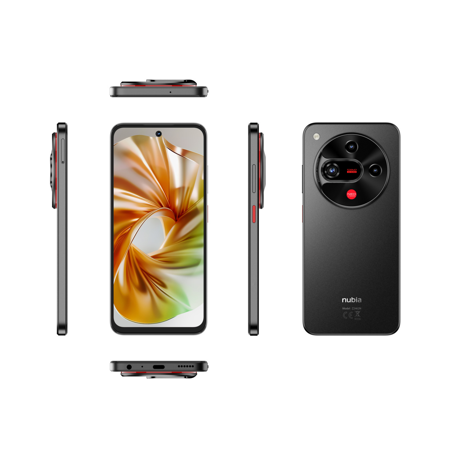 A composite image of a black smartphone from multiple angles. The back has multiple cameras and a red lens.