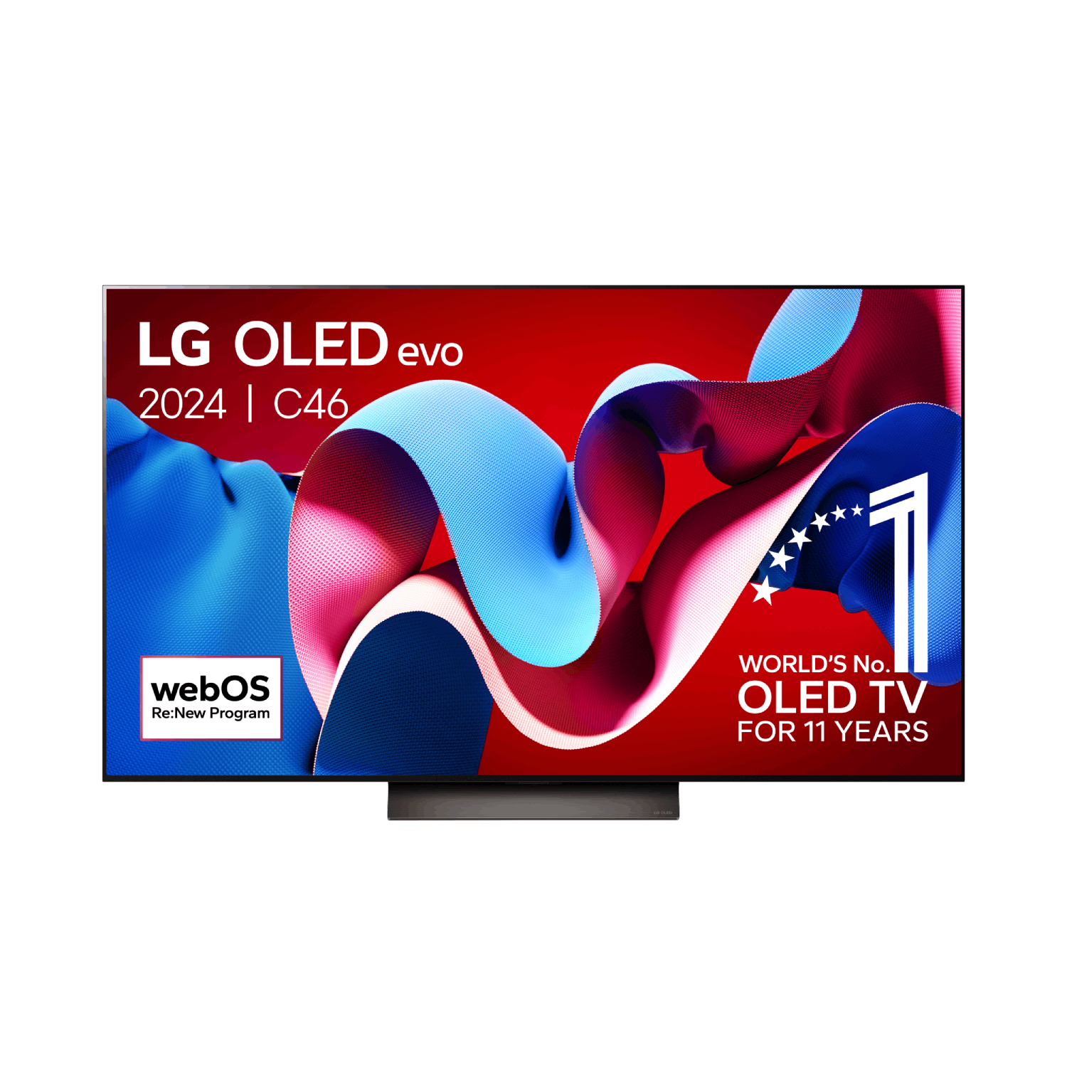 Téléviseur LG OLED evo, design abstrait rouge et bleu, numéro un depuis 11 ans, sur fond noir.