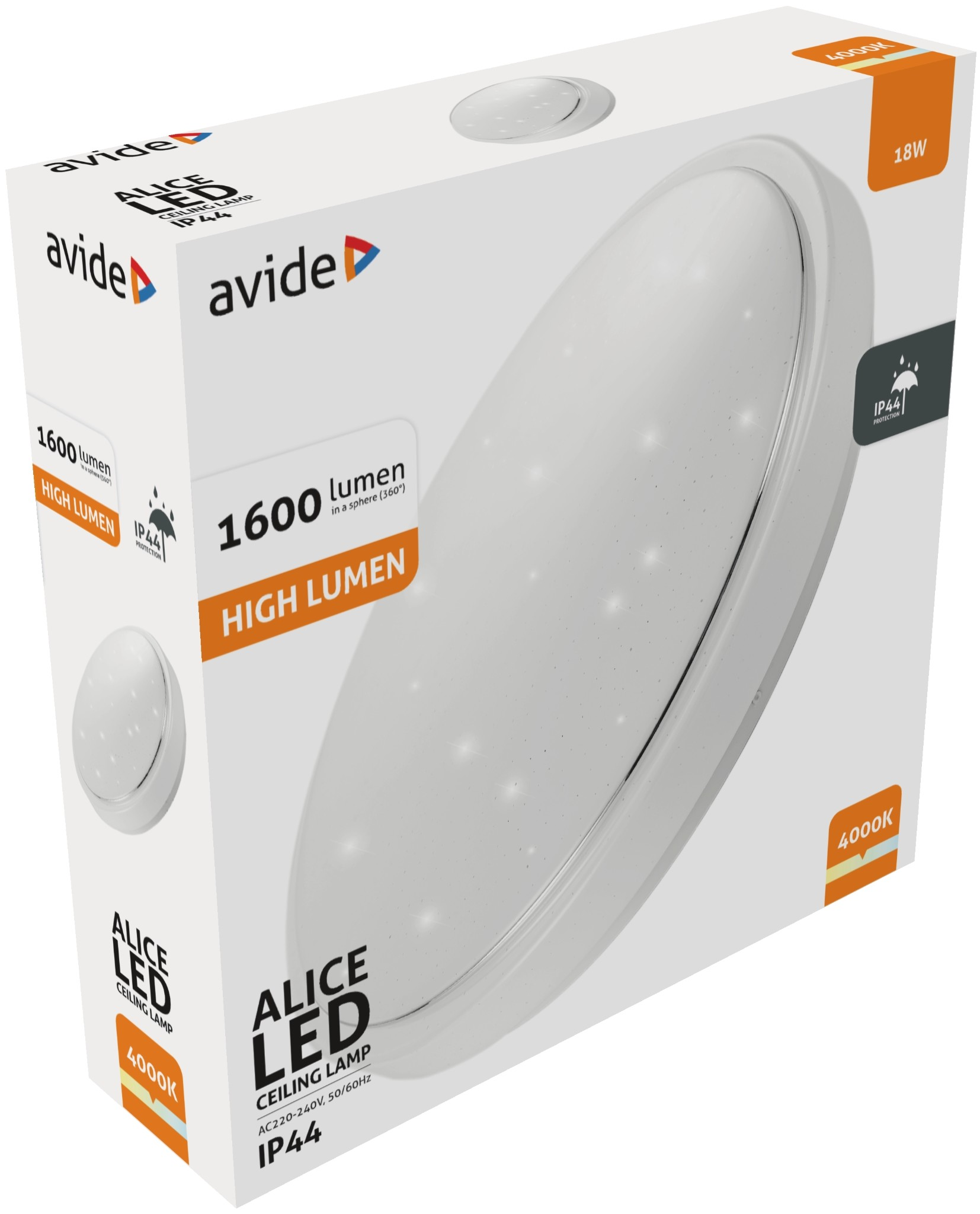 Egy fehér doboz egy fehér, kerek mennyezeti lámpával. A dobozon az áll: 'Avide Alice LED Ceiling Lamp', és adatok.