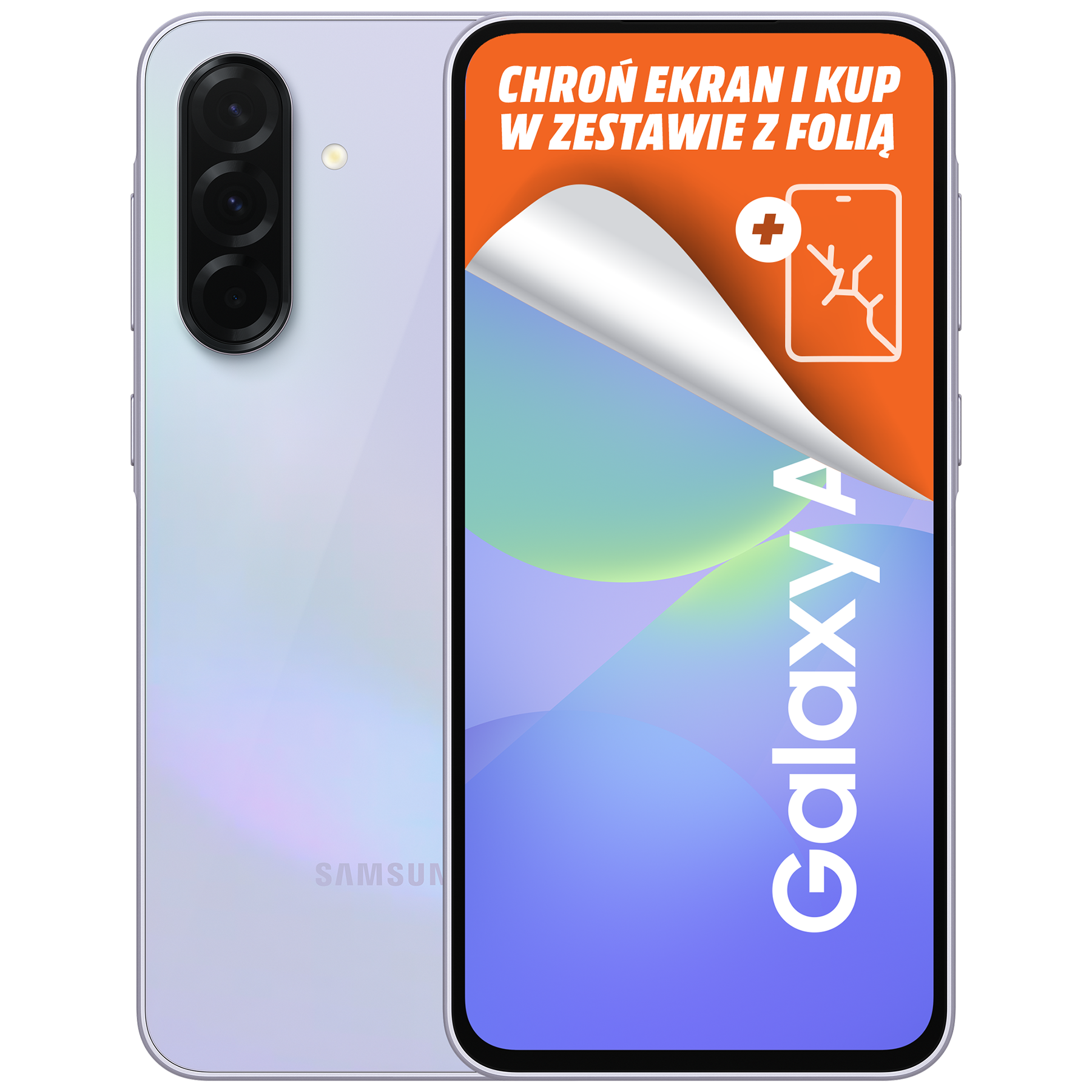 Biały telefon Samsung Galaxy A z ochraniaczem ekranu, pokazujący tył i przód, z logo Galaxy A.