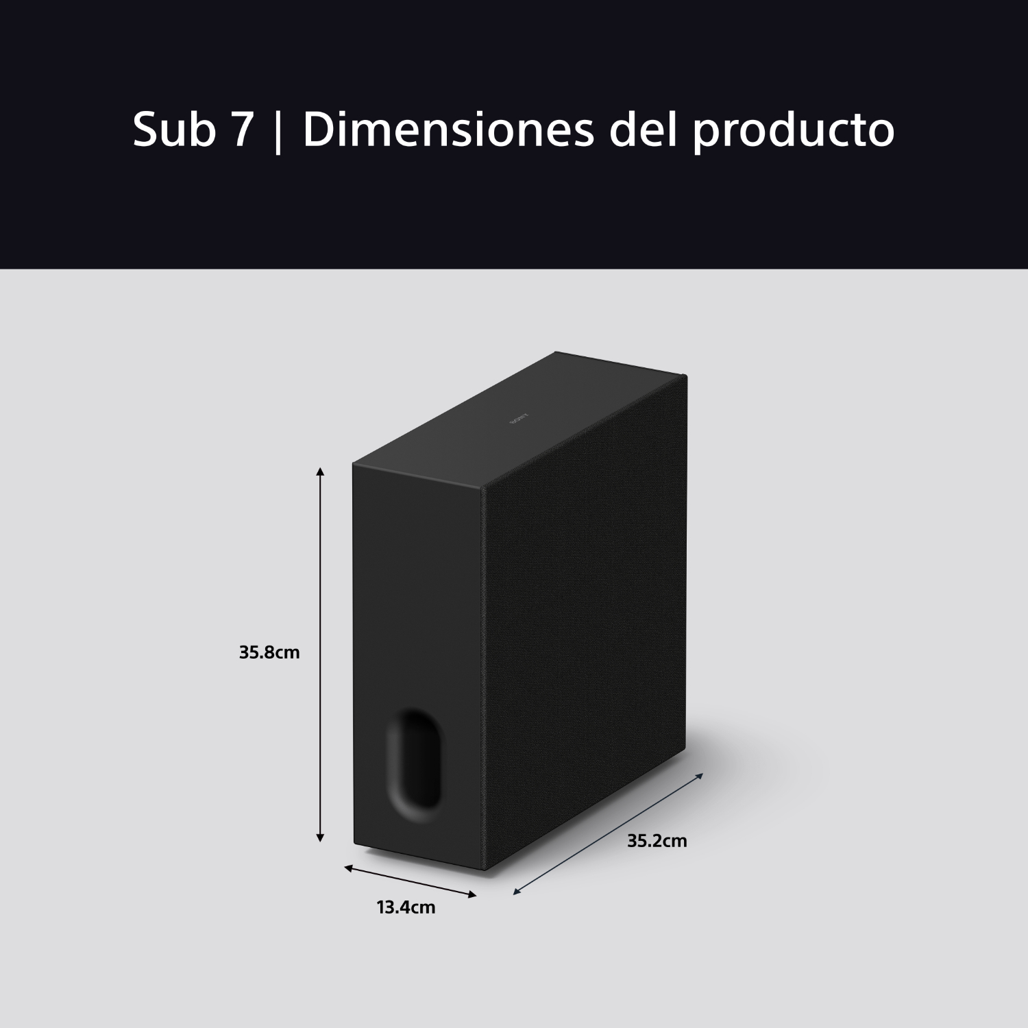 Subwoofer negro con dimensiones mostradas. Está sobre una superficie clara.