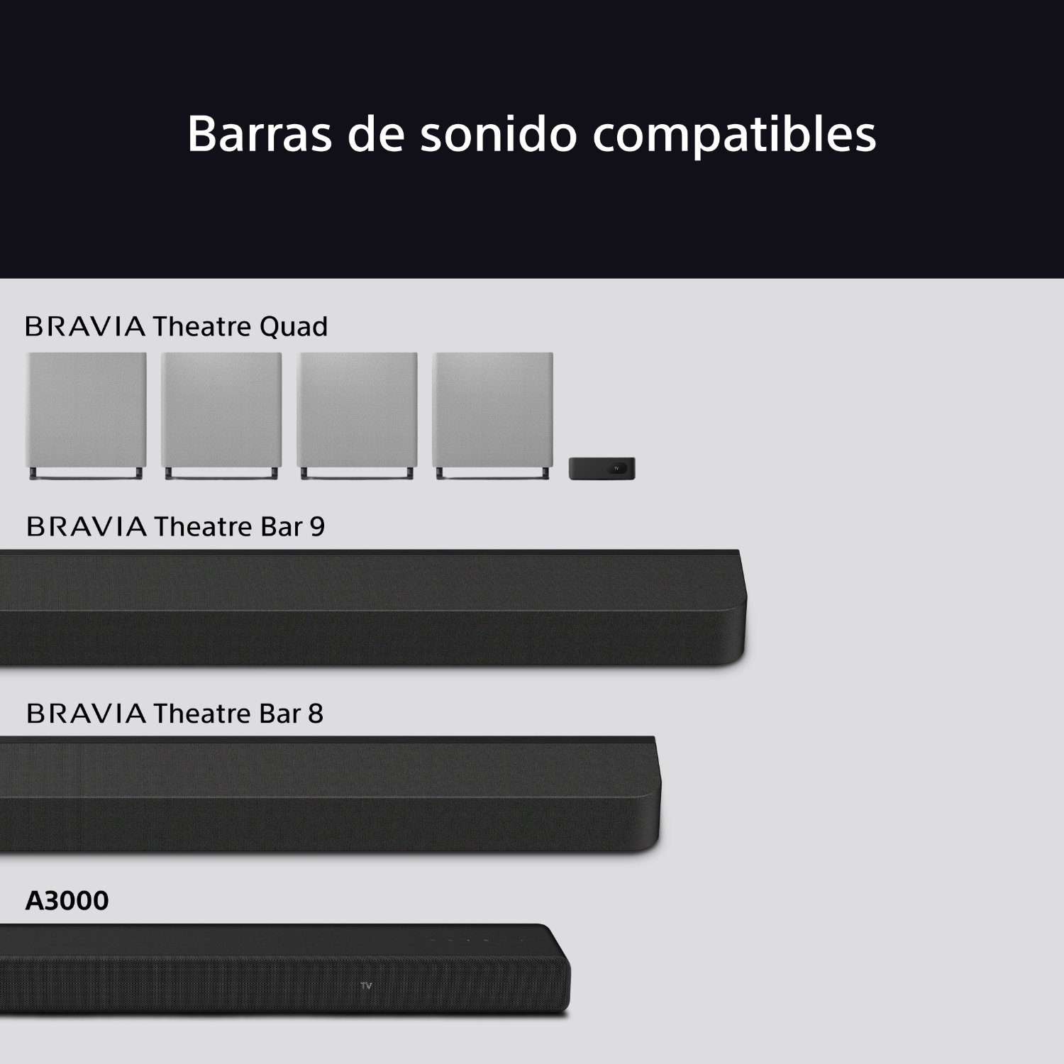 Barras de sonido compatibles mostradas. Se muestran BRAVIA Theater Quad, Bar 9, Bar 8 y A3000.