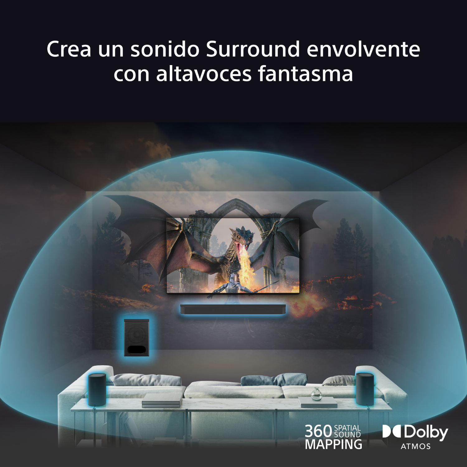 Sala de estar con TV y sistema de sonido. La TV muestra un dragón. Barra de sonido y altavoces visibles.