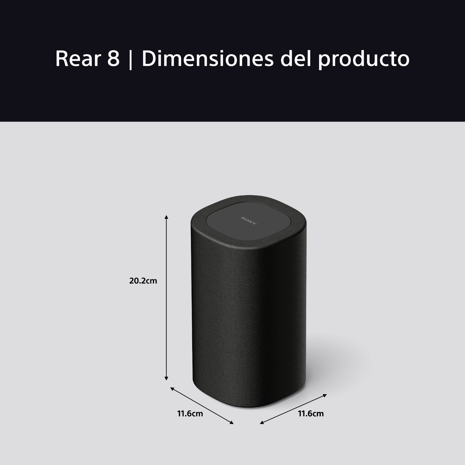 Altavoz trasero negro con dimensiones. Está sobre una superficie clara.