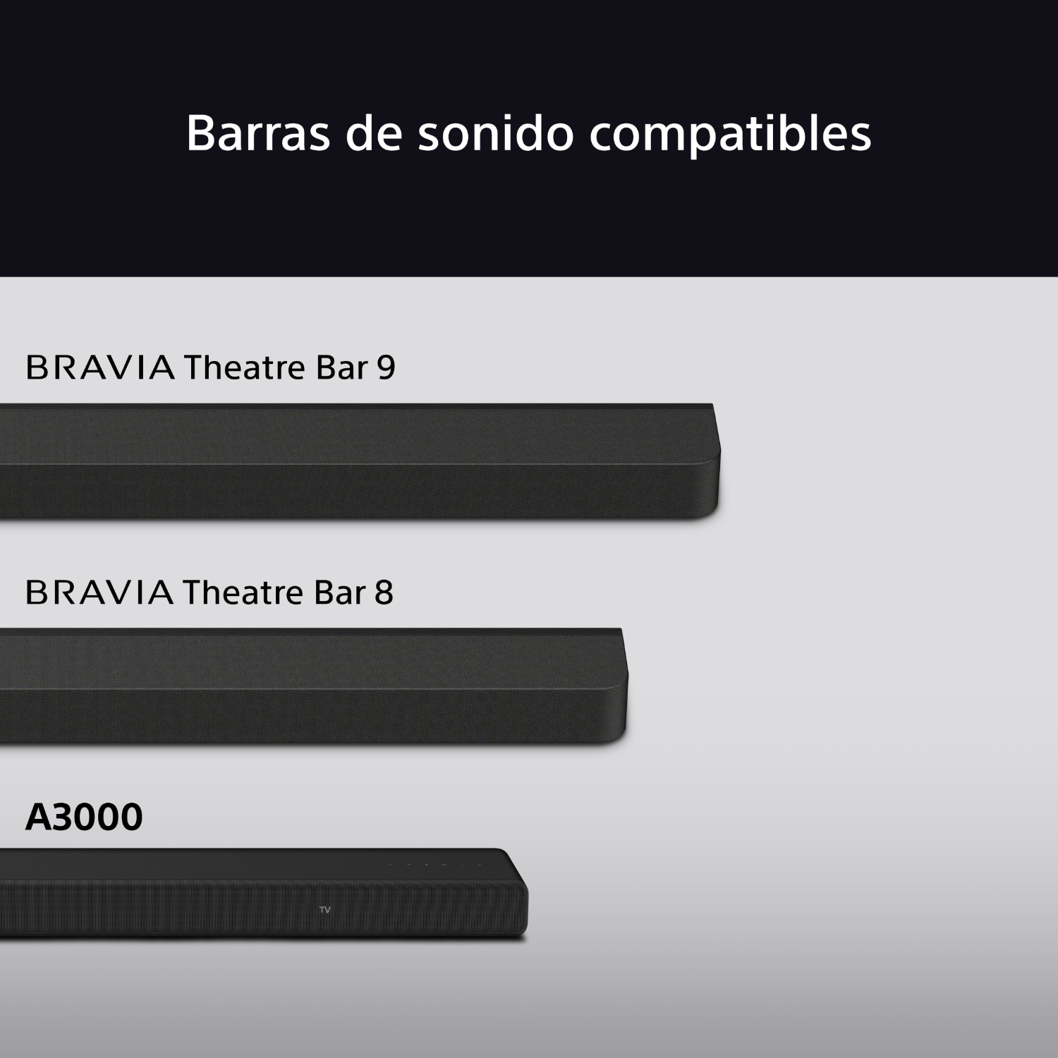 Barras de sonido compatibles mostradas. Se muestran BRAVIA Theater Bar 9, Bar 8 y A3000.