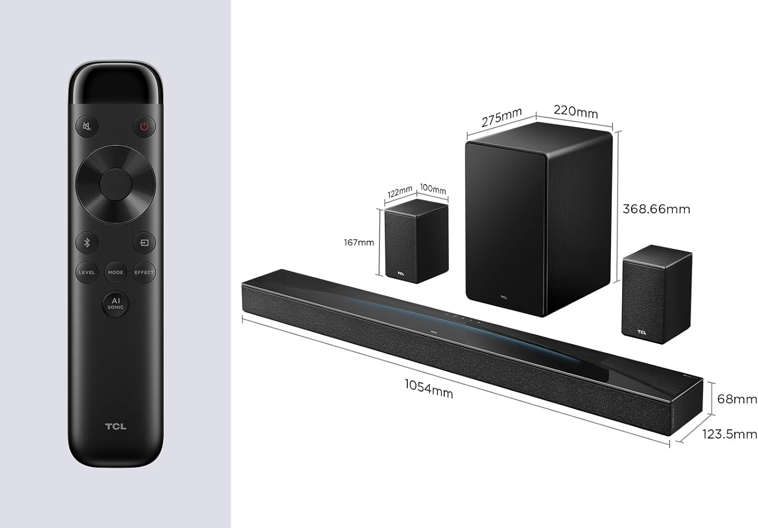 Una barra de sonido, un subwoofer y dos altavoces satélite TCL negros.