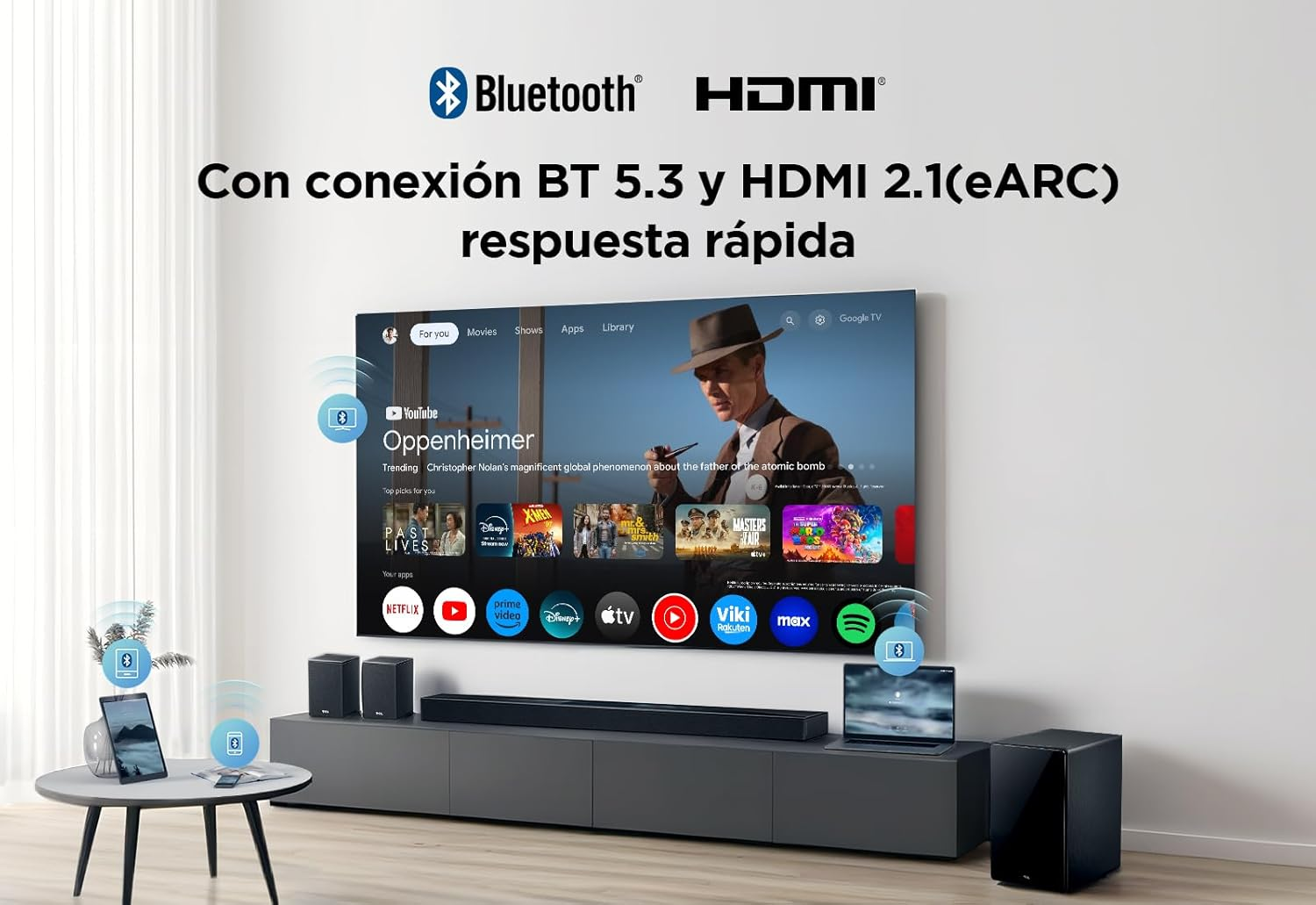 TV con barra de sonido y portátil, con iconos de Bluetooth y HDMI.