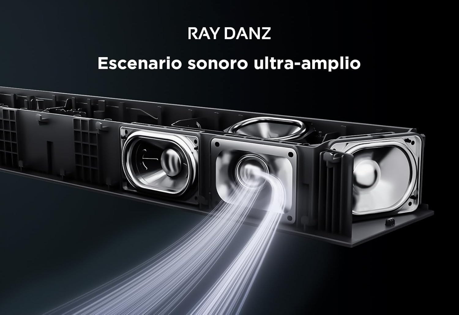 Barra de sonido con altavoces, líneas blancas emitiendo sonido.