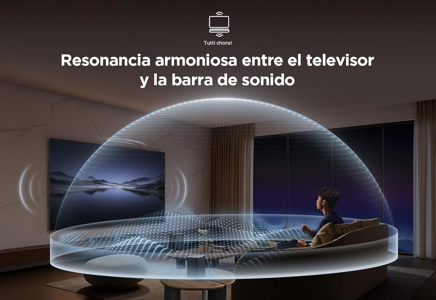 Una persona mirando la televisión, con ondas de sonido emanando.
