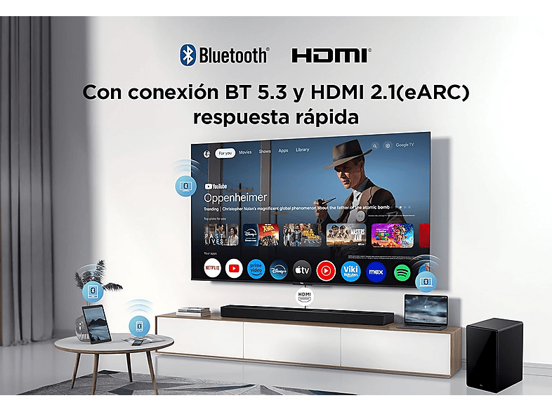Barra de sonido - TCL Q75HE, Bluetooth, Inalámbrico, 620W, Dolby Atmos, Canal 5.1.2, Titanio oscuro