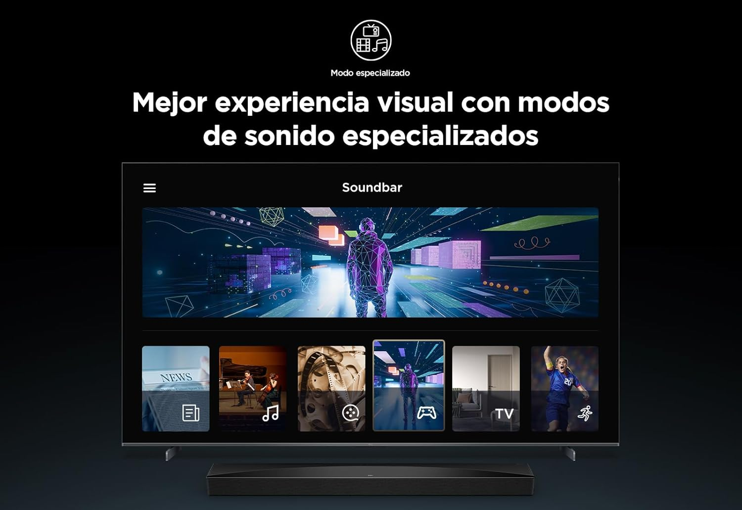 Un televisor muestra una interfaz de barra de sonido con diferentes modos de sonido.
