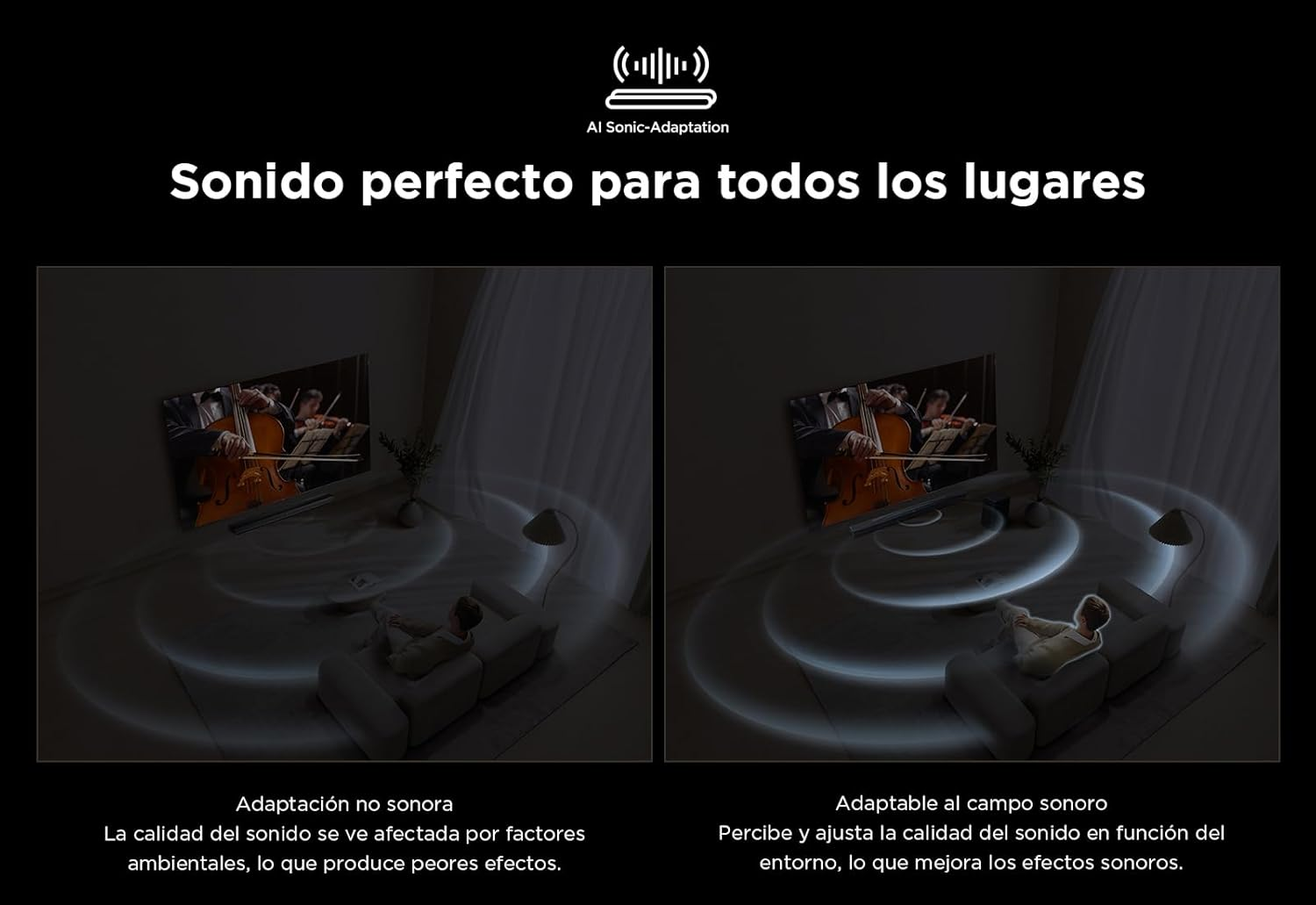 Dos escenas comparan la calidad del sonido, con y sin adaptación sónica AI, con un televisor.