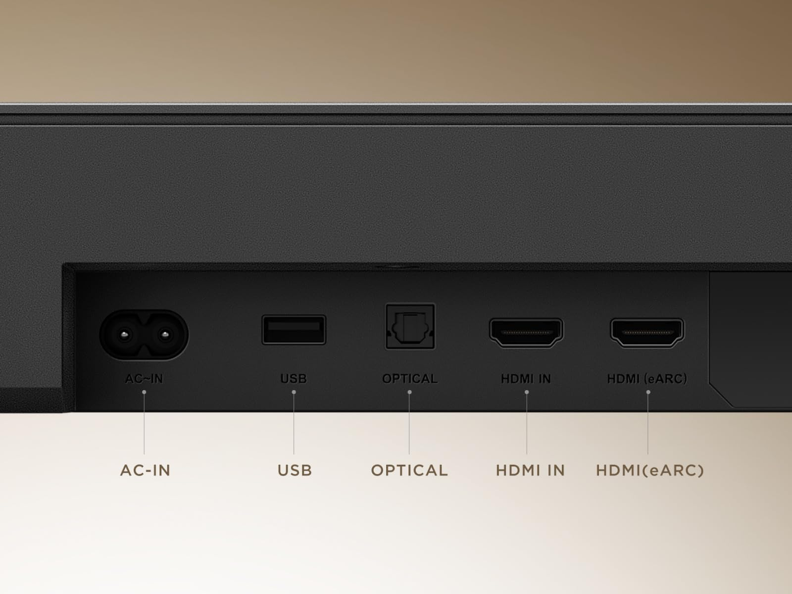 Panel trasero de dispositivo negro con puertos AC-IN, USB, Optical, HDMI IN y HDMI (eARC).