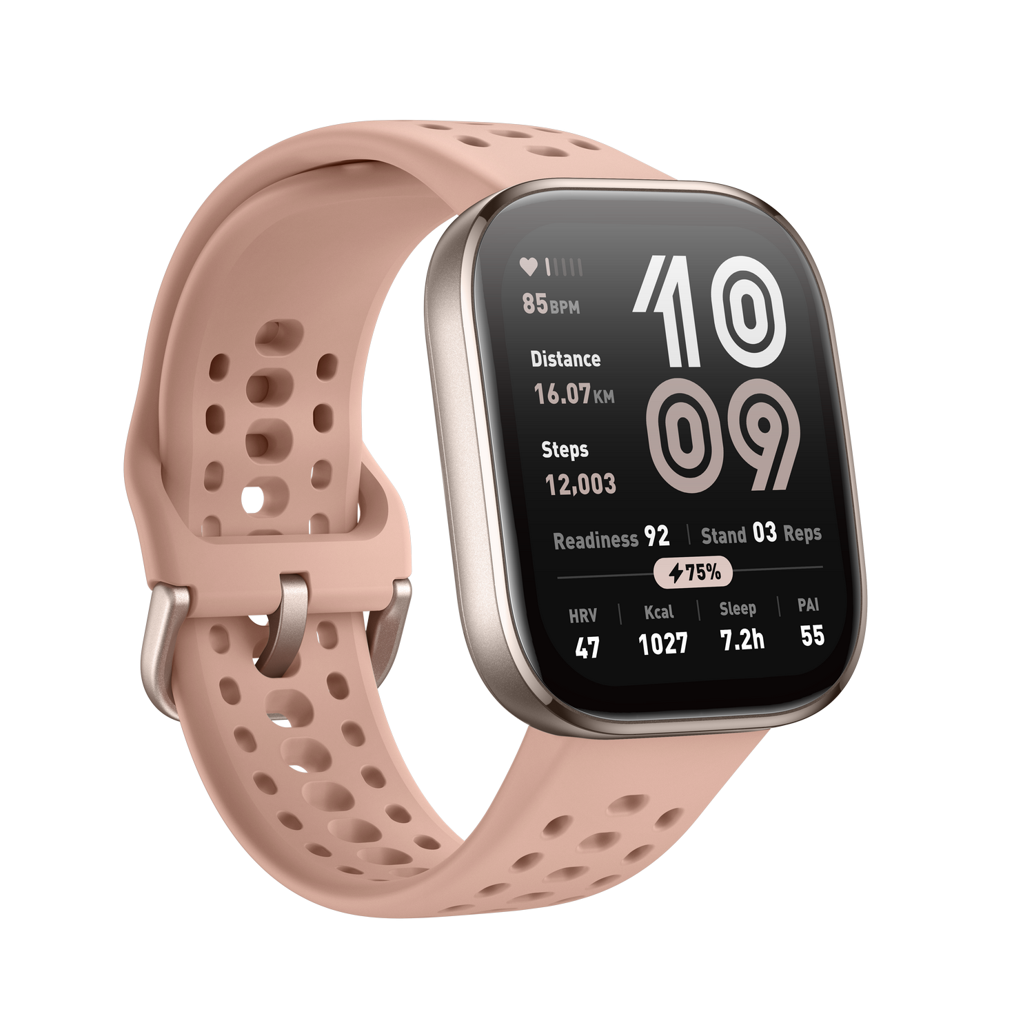 Reloj inteligente con correa rosa, mostrando datos en la pantalla.