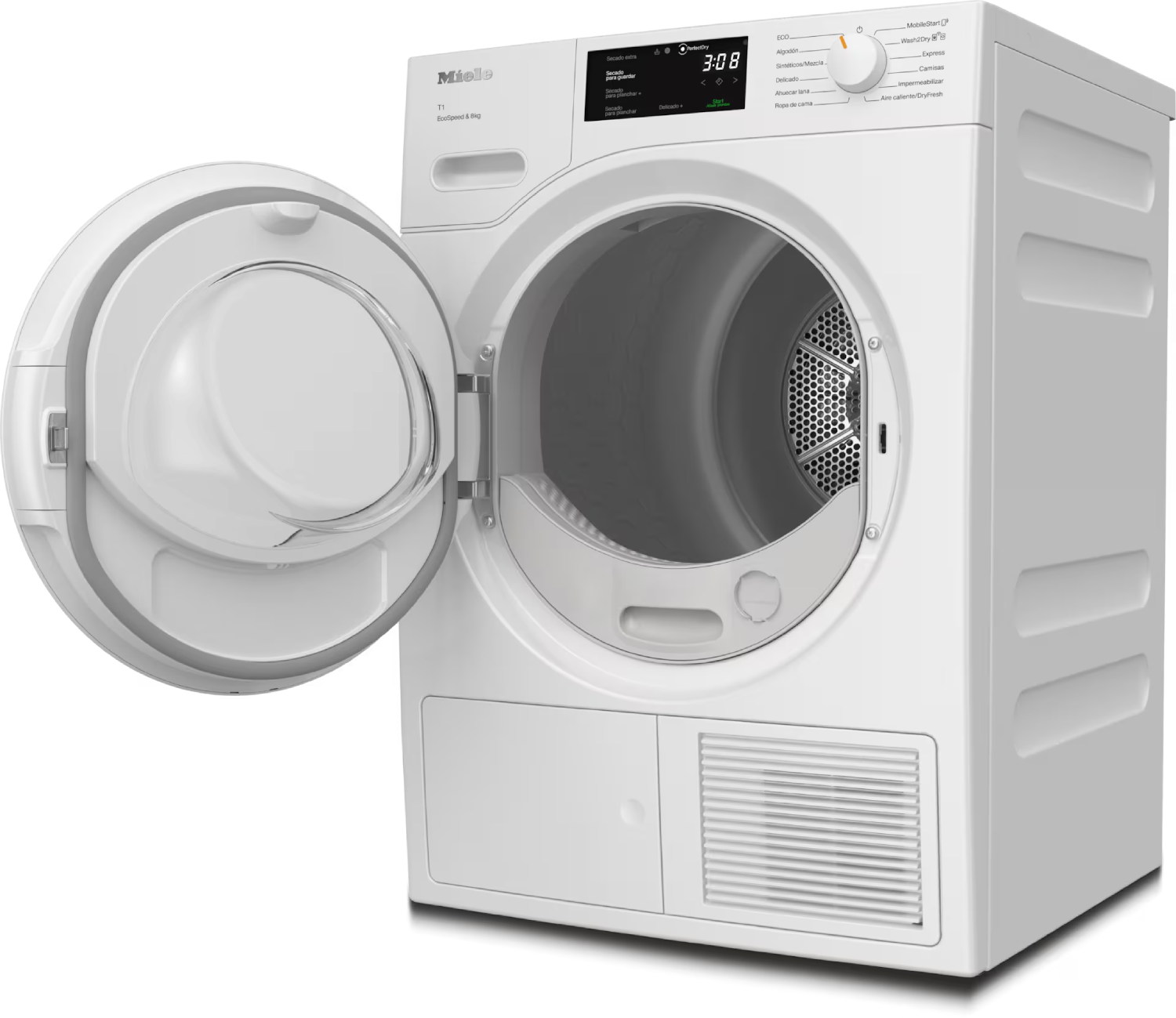 Secadora Miele blanca con puerta abierta, mostrando el tambor y panel.