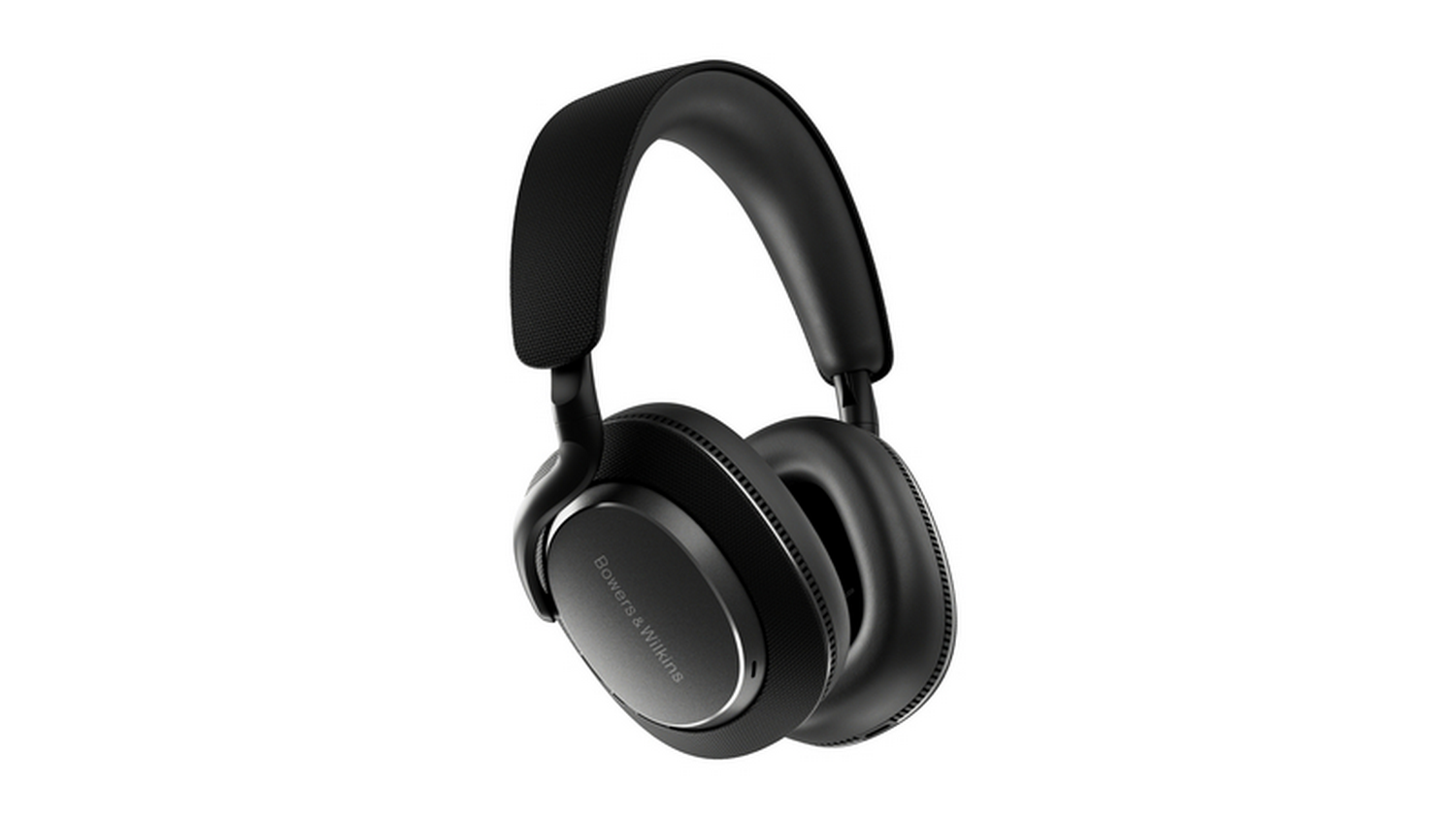 Auriculares negros con nombre de marca en los auriculares, fondo blanco.