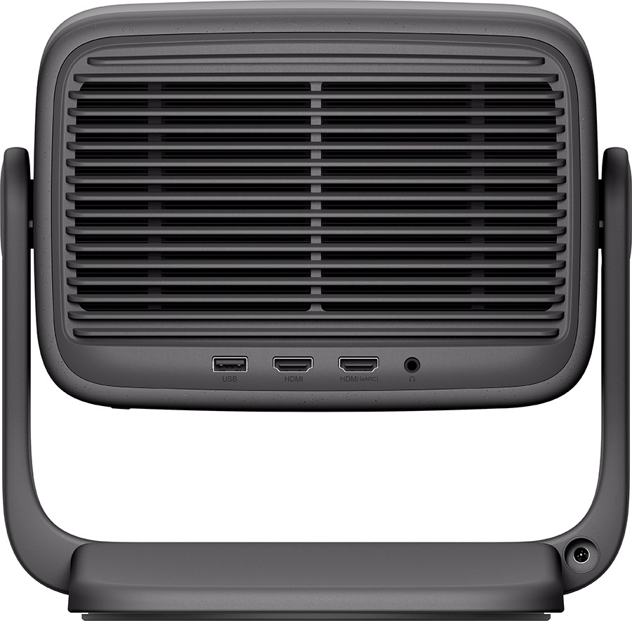 Vista posteriore di un proiettore. Mostra le prese d'aria e le porte di ingresso (USB, HDMI, HDMI(ARC) e una porta contrassegnata con il simbolo omega).