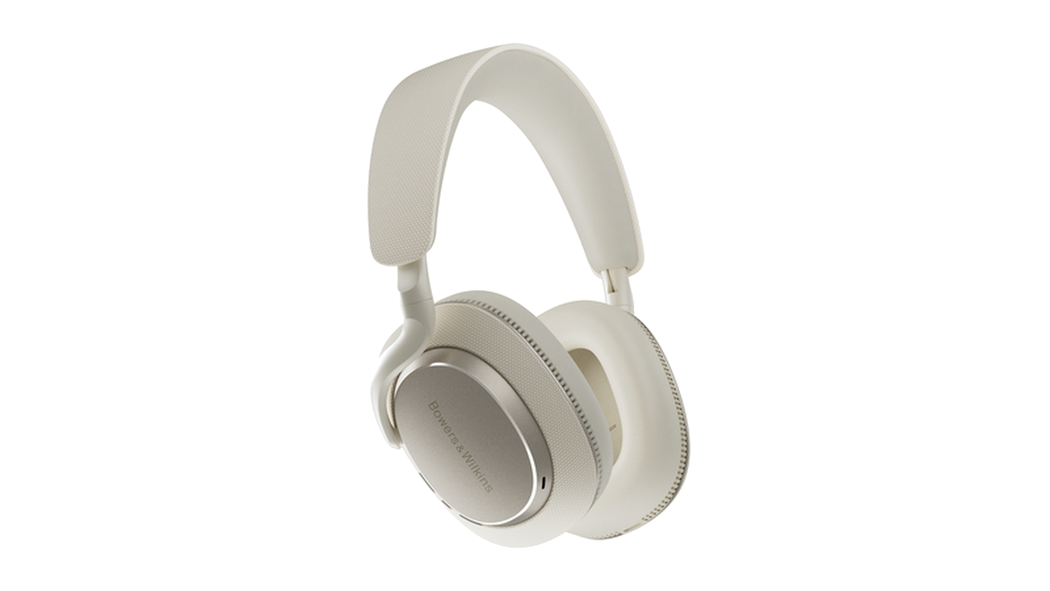 Auriculares blanquecinos sobre fondo negro. Logotipo Bowers & Wilkins visible.