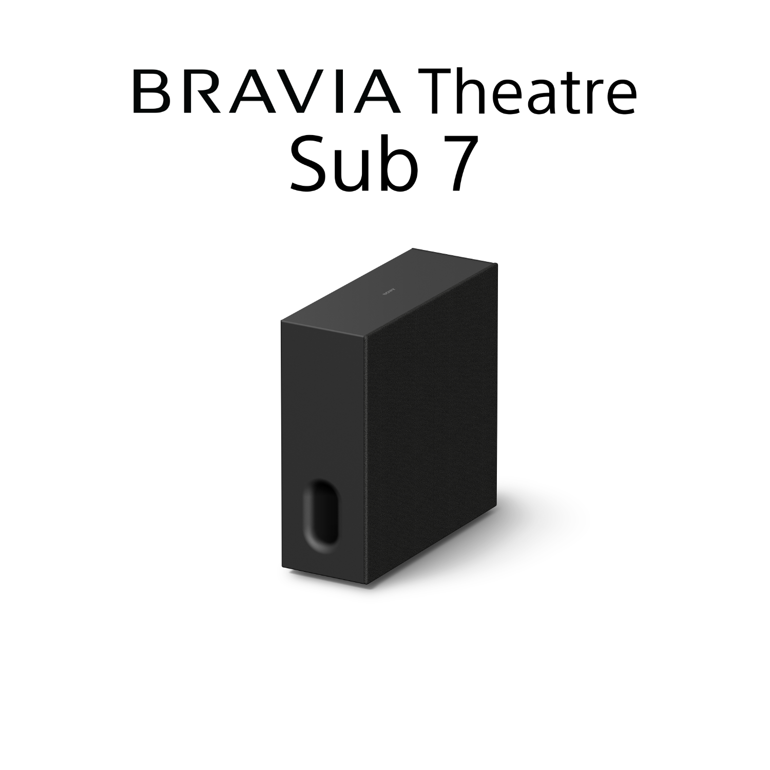 Altavoz negro Bravia Theatre Sub 7, fondo blanco, foto del producto.