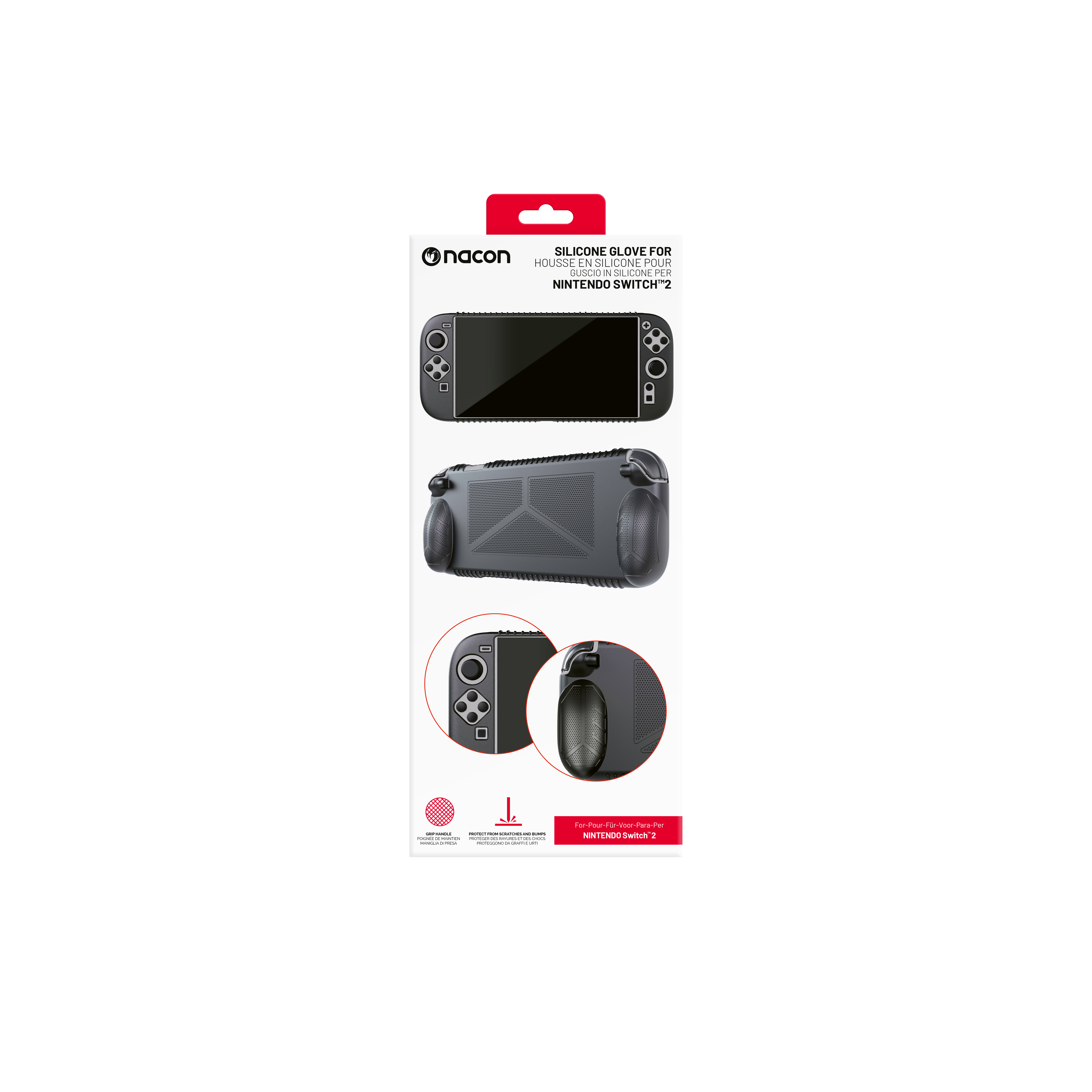 Verpackung des Nintendo Switch 2 Silikonhandschuhs zeigt die Konsole.