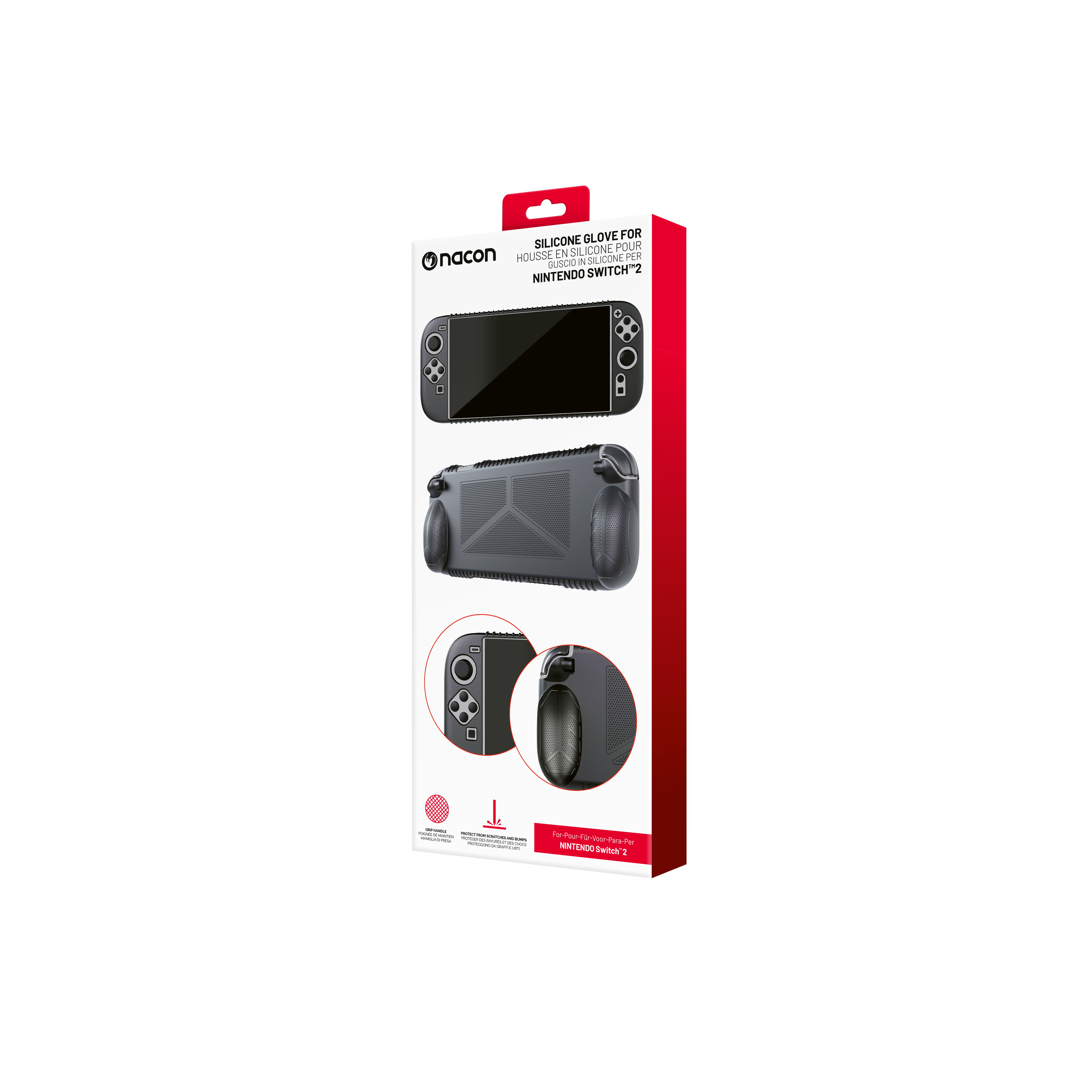 Nintendo Switch 2 Silikonhandschuhverpackung, rot und schwarz.