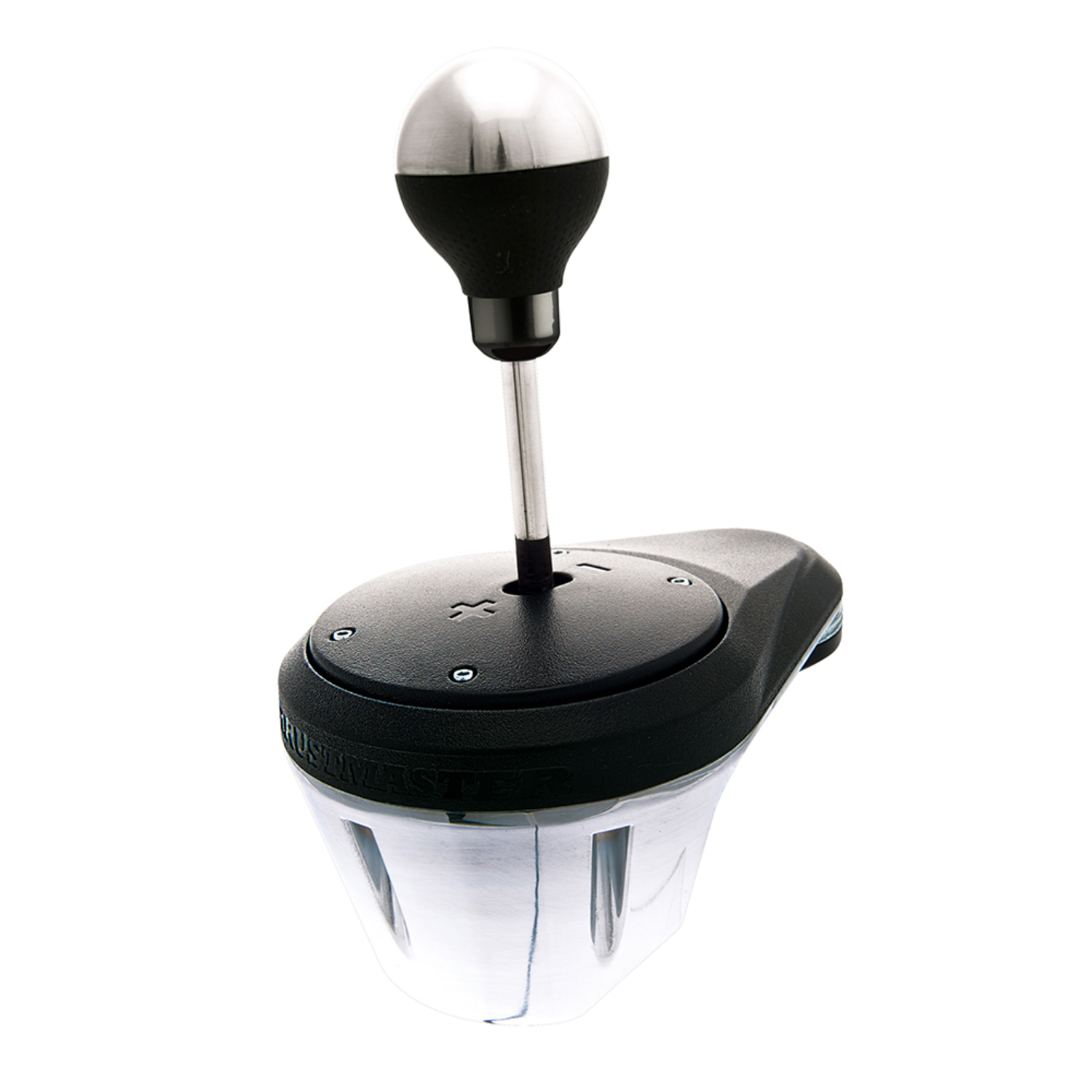 Silver and black gear shift, with white background.