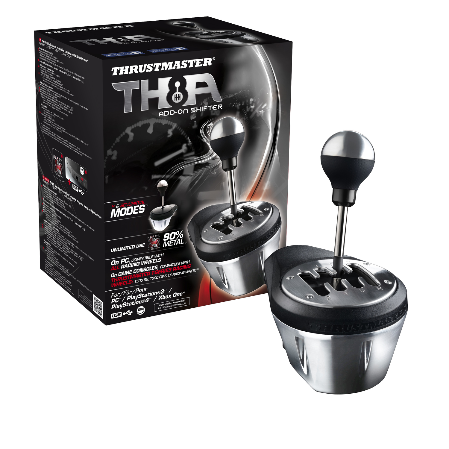 Thrustmaster TH8A Add-on Shifter. Silver and black gear shift, box in the background.
