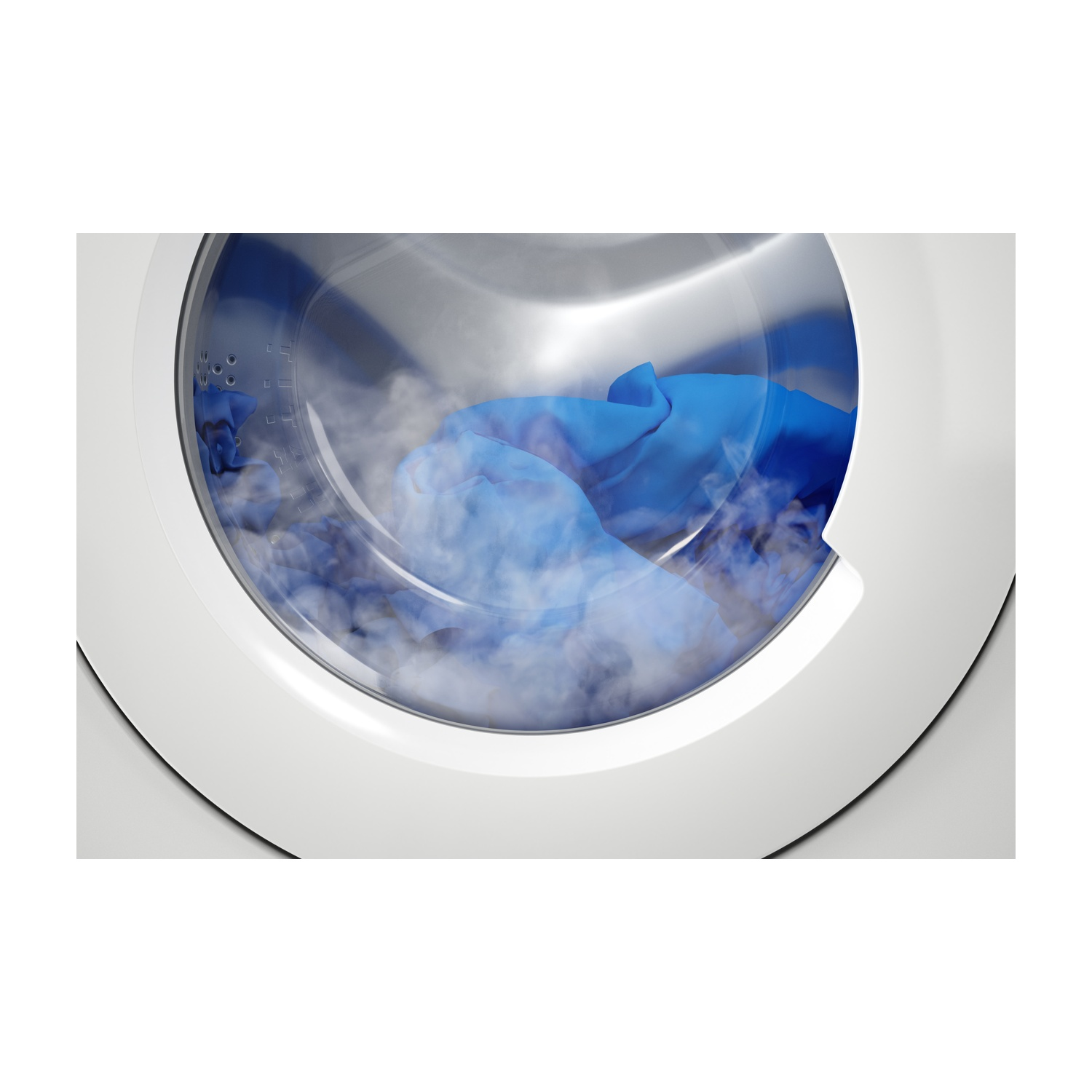 Cestello della lavatrice con tessuto blu all'interno. Il vapore riempie il cestello. Esterno bianco.