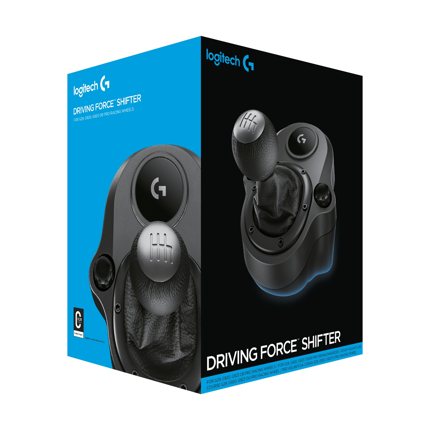 Scatola Logitech Driving Force Shifter. Il cambio è nero e in una scatola blu e nera.