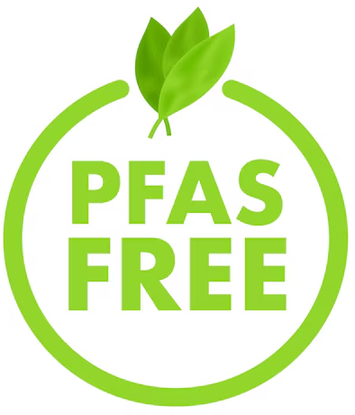 Groene cirkel met 'PFAS FREE' tekst en drie groene bladeren erboven.