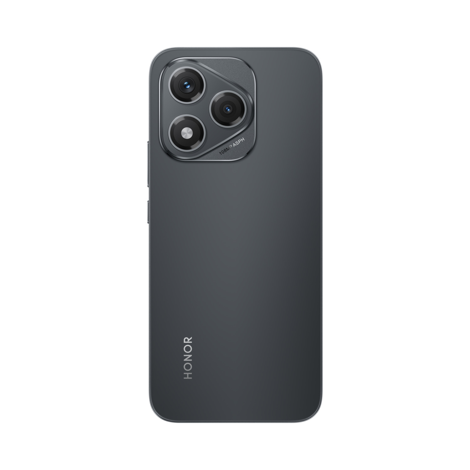 Een grijze telefoon met drie camera's aan de achterkant, met het woord 'HONOR' eronder gedrukt.