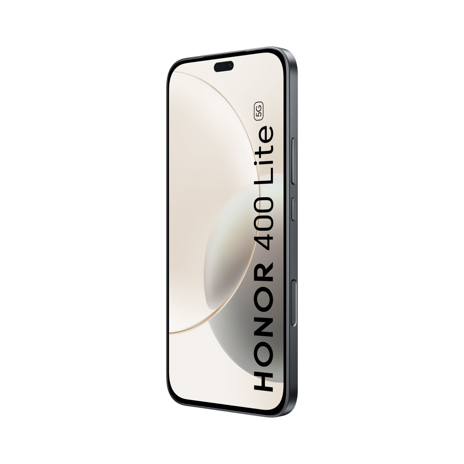 Zwarte telefoon met een wit scherm met de tekst: HONOR 400 Lite (5G).