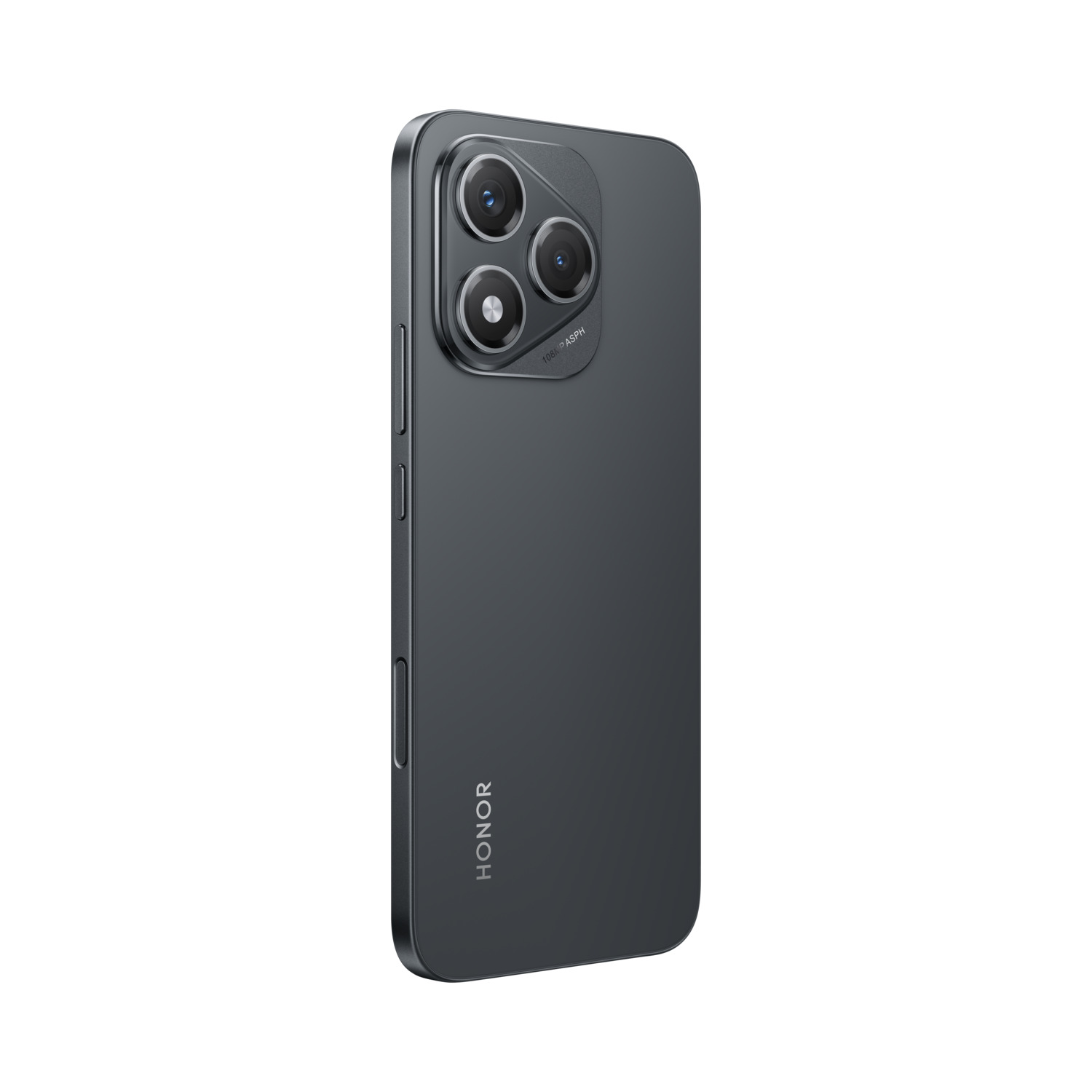 Donkergrijze telefoon met drie camera's en het woord HONOR.
