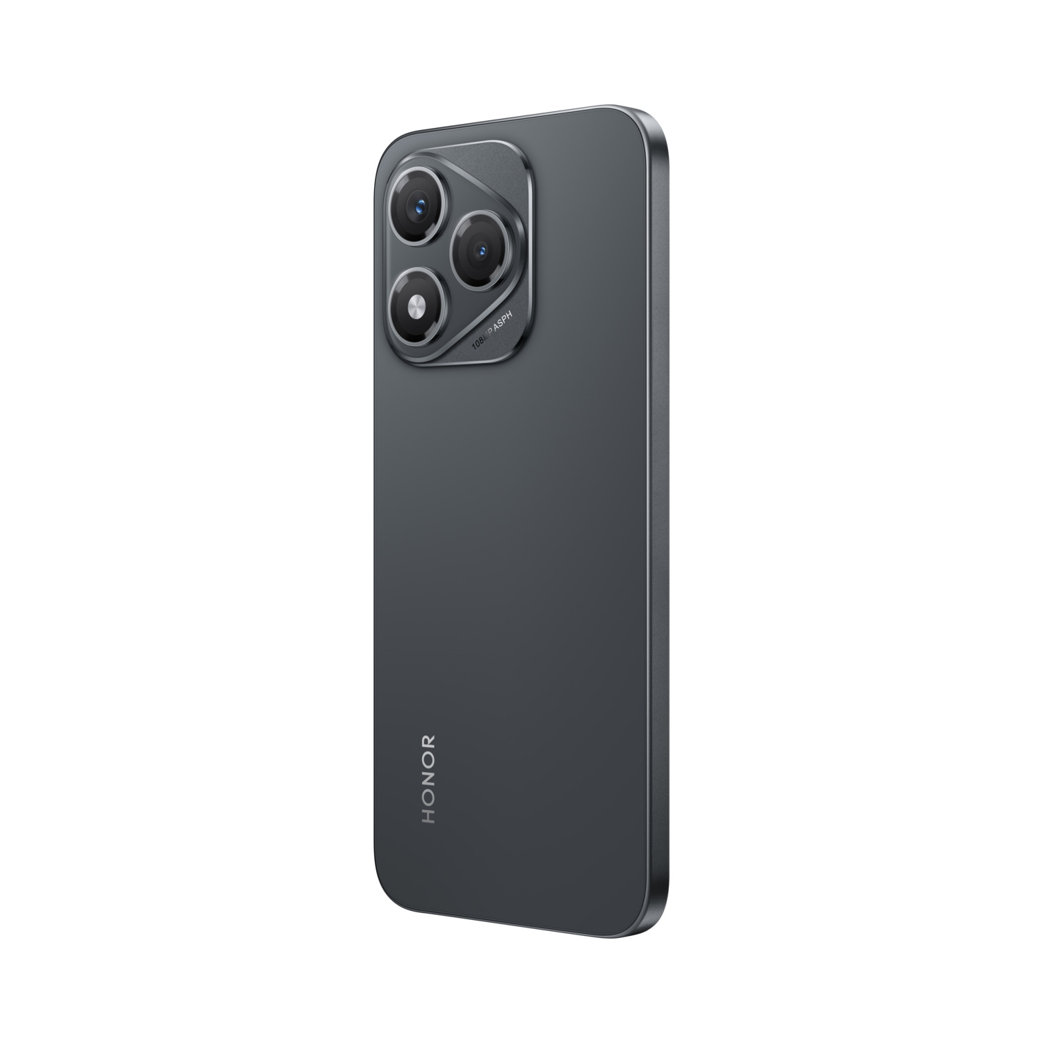 Een donkergrijze Honor-telefoon, drie camera's aan de achterkant, zijaanzicht.