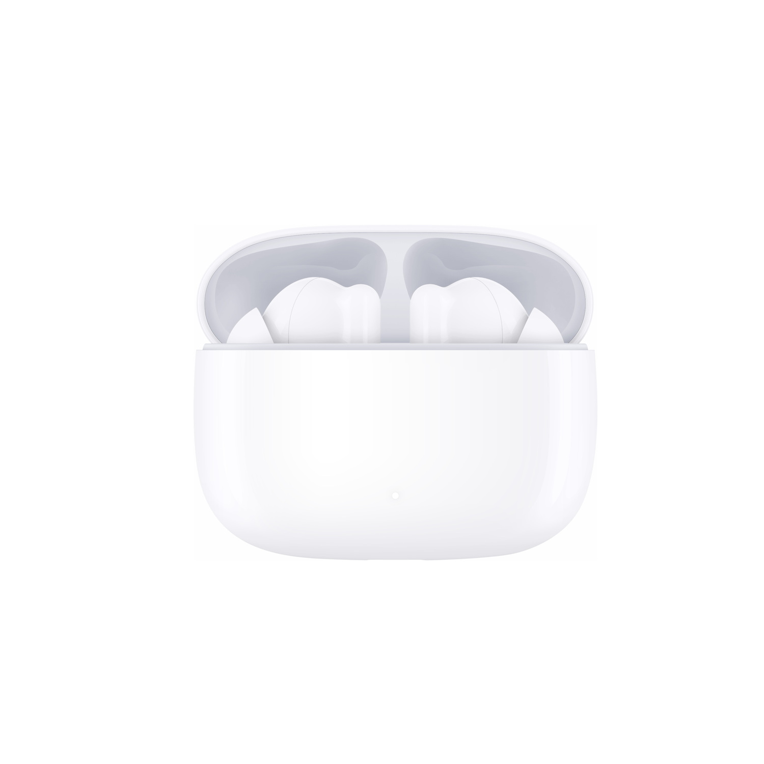 Een witte oplaadcase met twee witte oordopjes erin.