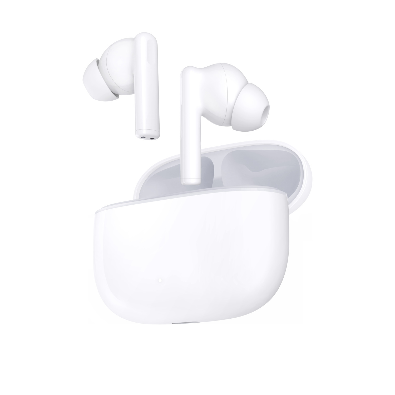 Witte draadloze oortelefoons met etui. Eén oortelefoon bevindt zich buiten de etui.