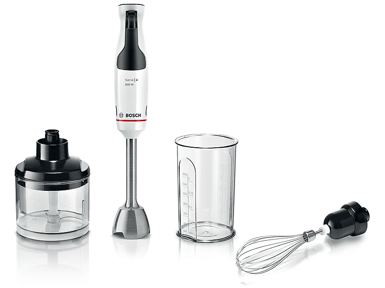 Frullatore ad immersione BOSCH MSM4W221, 600 W, Impugnatura Ergonomica, Regolazione Dinamica della Velocità, 4 Lame in Acciaio Inox, Tritatutto e Frusta, Bicchiere Graduato, Bianco