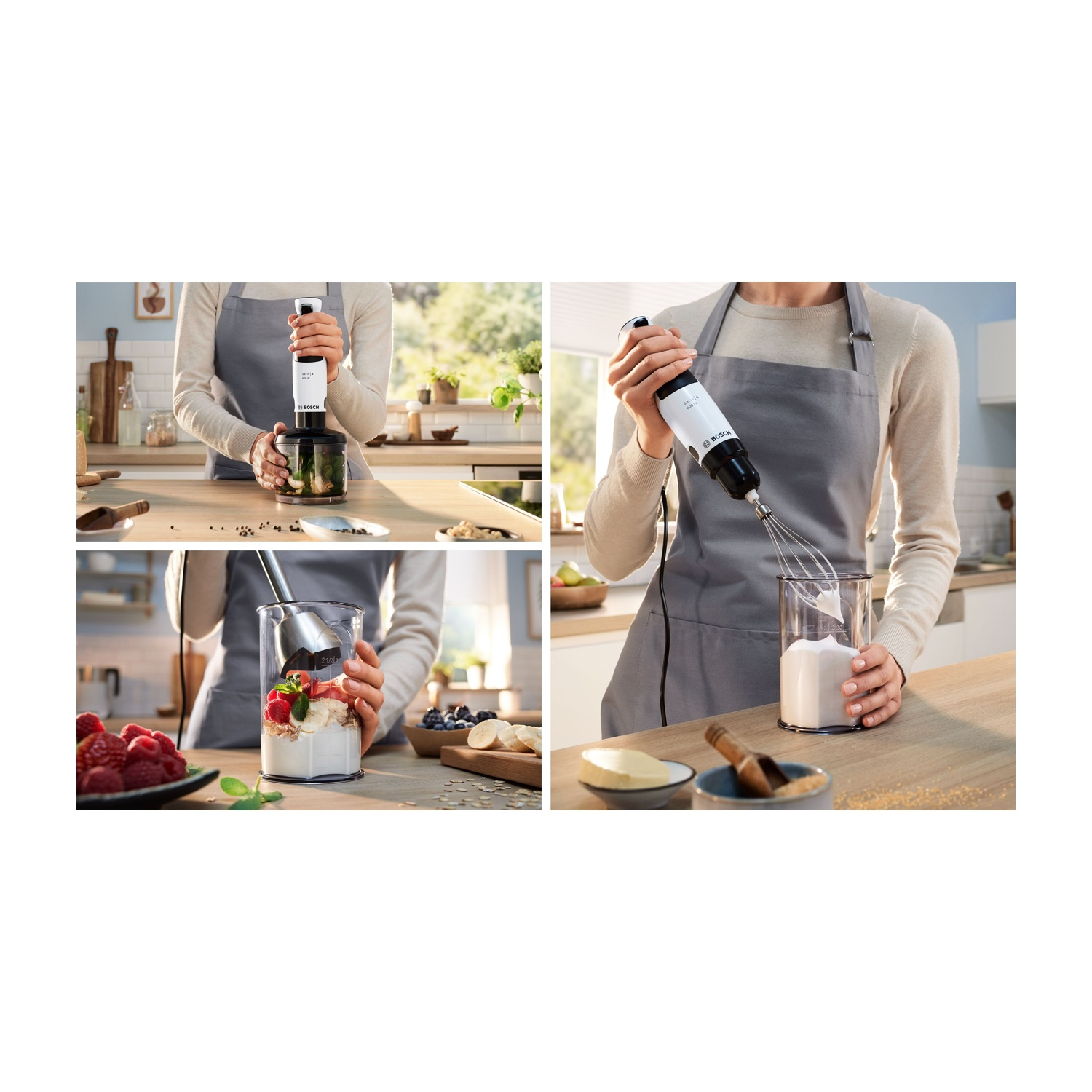 Quattro immagini che mostrano una persona che utilizza un frullatore Bosch. Mescolare, sbattere e aggiungere ingredienti.